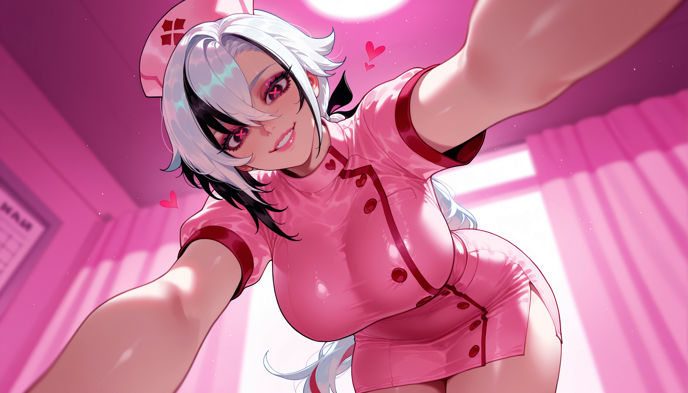 1girls, ai generated, alternate costume, arlecchino (genshin impact), balecxi, bangs, black eyes, black hair, blurry background, breasts, buttons, clothing, curtains, curvaceous, curvaceous female, curvaceous figure, curvy, curvy figure, dress, female, female focus, female only, genshin impact, grin, hair between eyes, hat, headwear, heart-shaped pupils, indoors, infirmary, inviting, large breasts, lips, long hair, looking at viewer, low ponytail, multicolored hair, nurse, nurse cap, parted lips, pink dress, pink headwear, pink lips, presenting, presenting ass, presenting breasts, presenting hindquarters, presenting self, red lips, red pupils, seductive, seductive look, seductive smile, short sleeves, smile, solo, streaked hair, symbol-shaped pupils, teeth, thighs, voluptuous, voluptuous female, white hair, x-shaped pupils