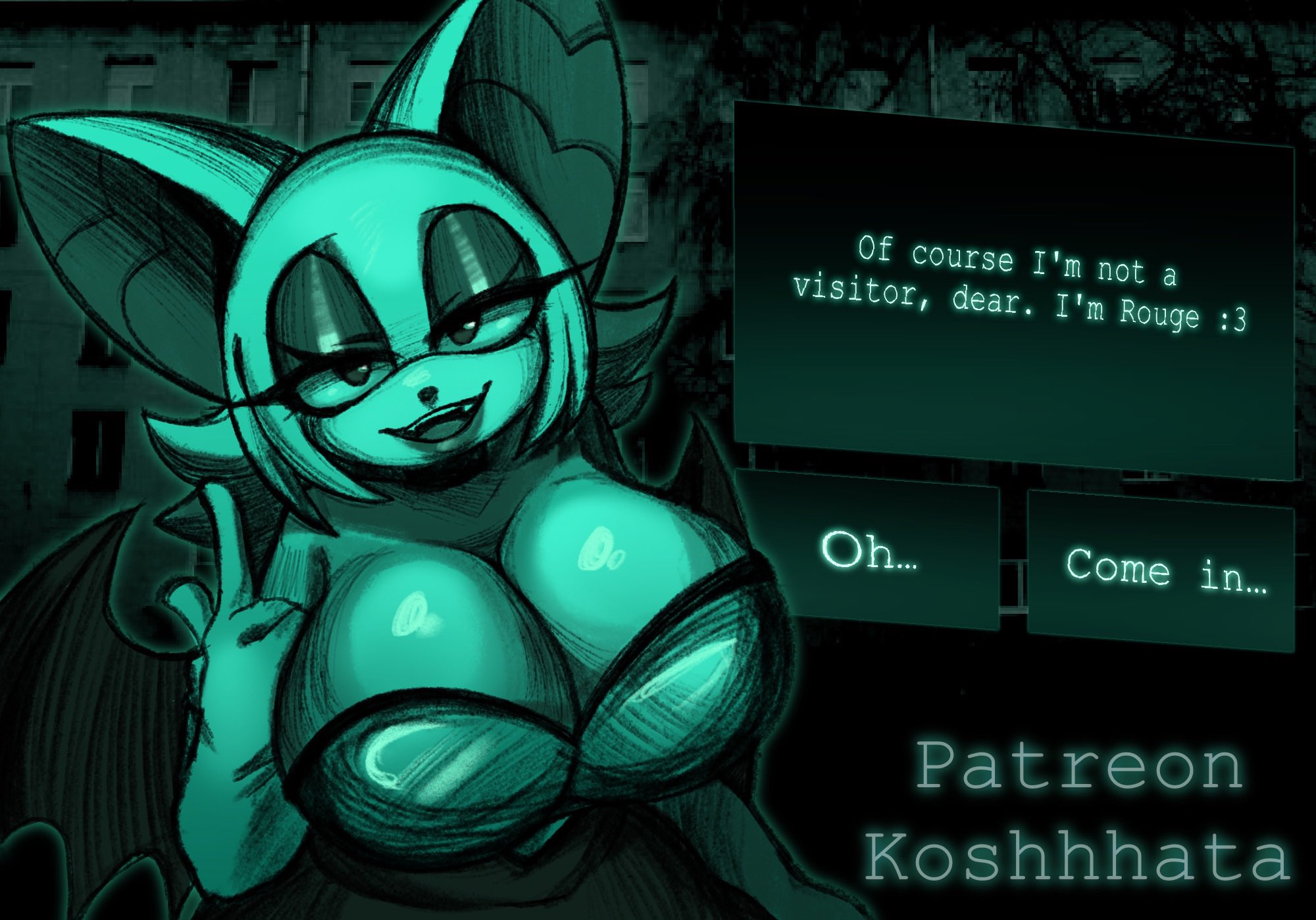 1girls, bat ears, bat wings, big breasts, breasts, bursting breasts, cleavage, eyeshadow, fake screenshot, female, female only, game ui, huge breasts, koshhhata, large breasts, looking at viewer, night vision, no, i'm not a human, no, i'm not a human (meme), rouge the bat, smile, solo, sonic (series), sonic the hedgehog (series), tagme, wings