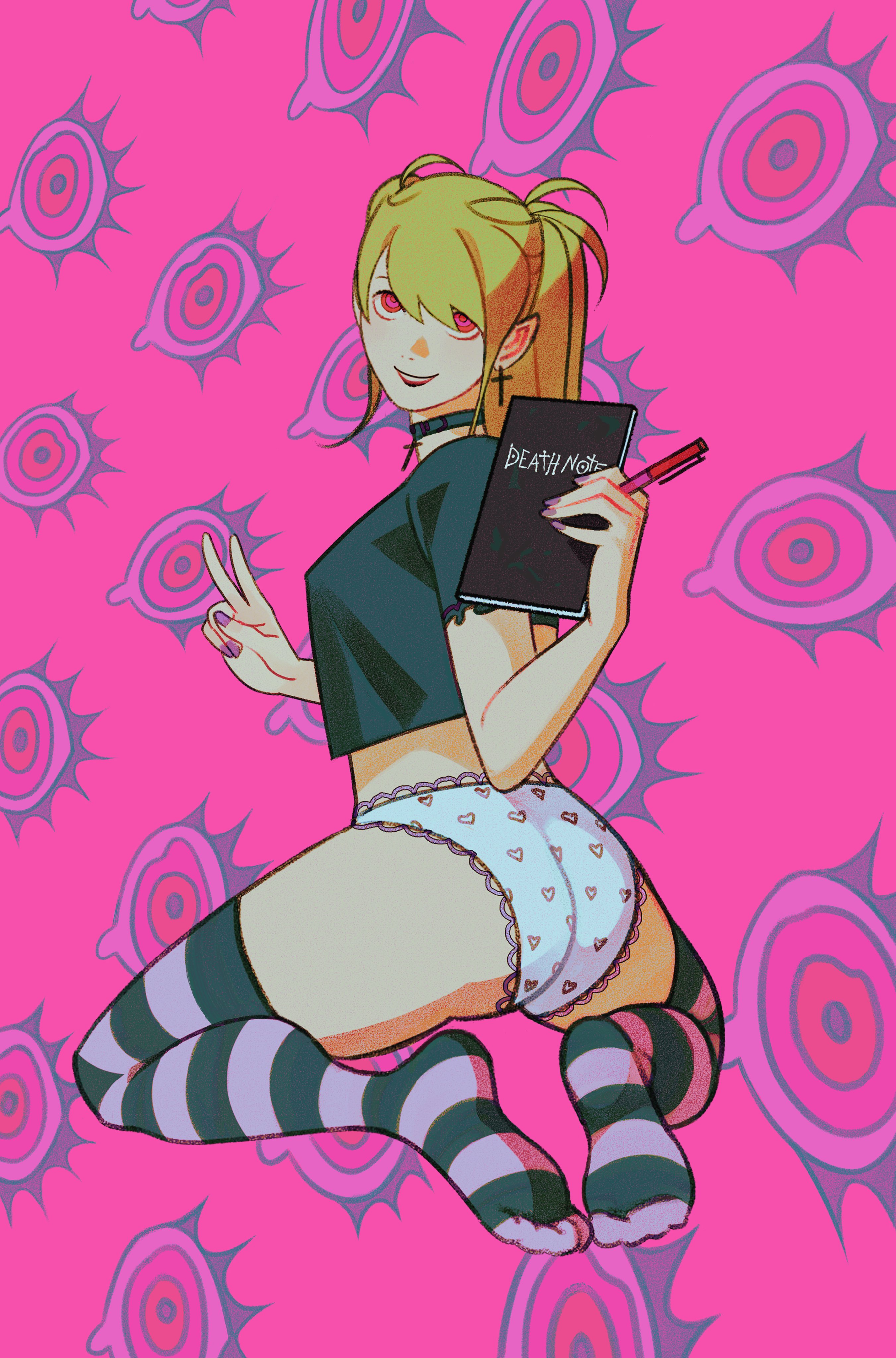 1girls, absurd res, absurdres, ass, big ass, big breasts, big butt, big thighs, big titties, blonde hair, blonde-haired female, breasts, choker, clothing, collar, curvaceous, curvaceous female, curvaceous figure, curvy, curvy figure, curvy hips, death note, female, female focus, female only, hi res, high resolution, highres, long hair, looking at viewer, misa amane, panties, sarakipin, stockings, t-shirt, thigh highs, thigh socks, thighhighs, thighs, underwear