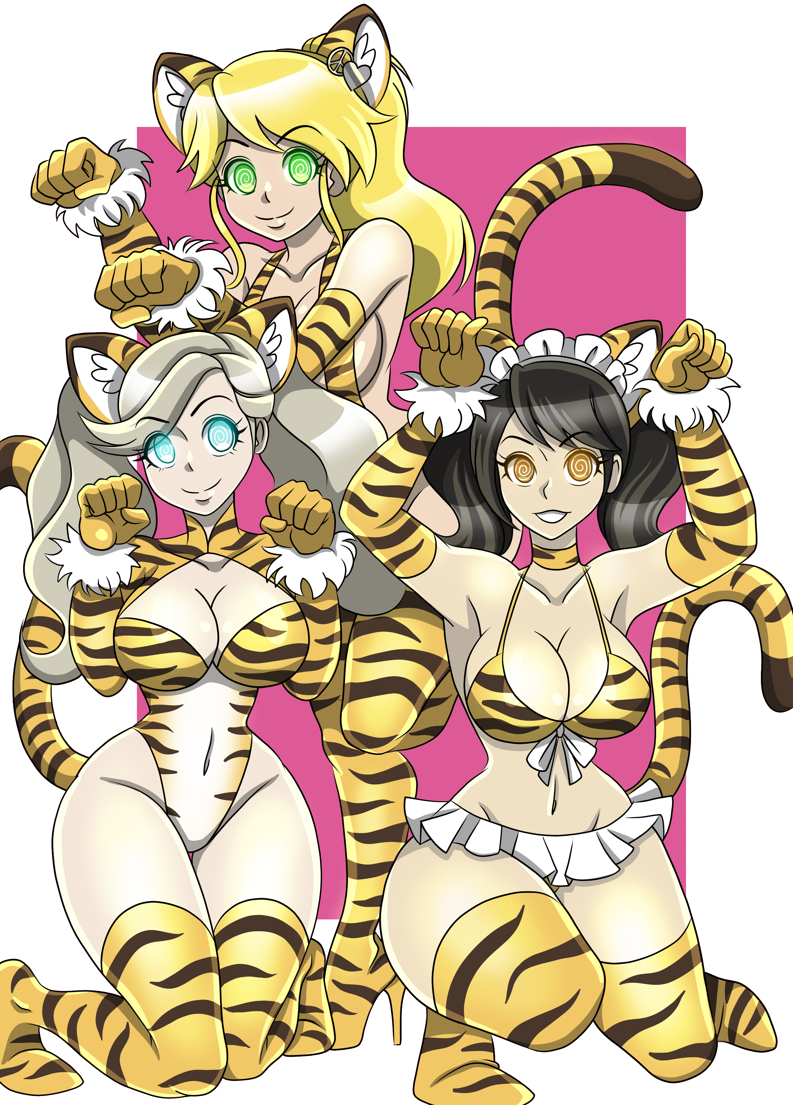 3girls, absurdres, ann takamaki, becky (persona), big breasts, bikini, black hair, blonde hair, blue eyes, boots, breasts, brown eyes, bubble butt, cat girl, cat pose, crimson (stepfordcrimson), fake tail, female, female only, femsub, fit, fit female, gloves, green eyes, happy trance, huge breasts, hypnosis, large breasts, maid, maid headdress, megami tensei, multiple females, multiple girls, muscular, muscular female, new years, opera gloves, original, original character, persona, persona 5, ponytail, sadayo kawakami, short hair, sling bikini, smile, spiral eyes, symbol in eyes, thigh boots, tiger girl, tiger print, twintails, wide hips, zorro-zero
