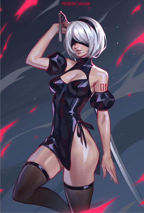 1girls, breasts, breasts out, female, female only, medium breasts, misami, nier: automata, perky breasts, perky nipples, pinup, pussy, shiny clothes, stockings, thicc, thick ass, thick thighs, thighhighs, thighs, thunder, thunder thighs, yorha 2b