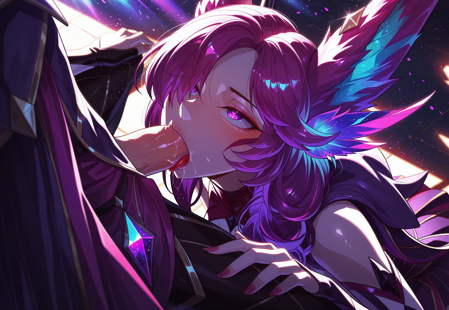 ai generated, big breasts, breasts out, curvy, fellatio, female, league of legends, rainbowstar, seductive, sexy, star guardian series, star guardian xayah, sucking penis, vastaya, xayah