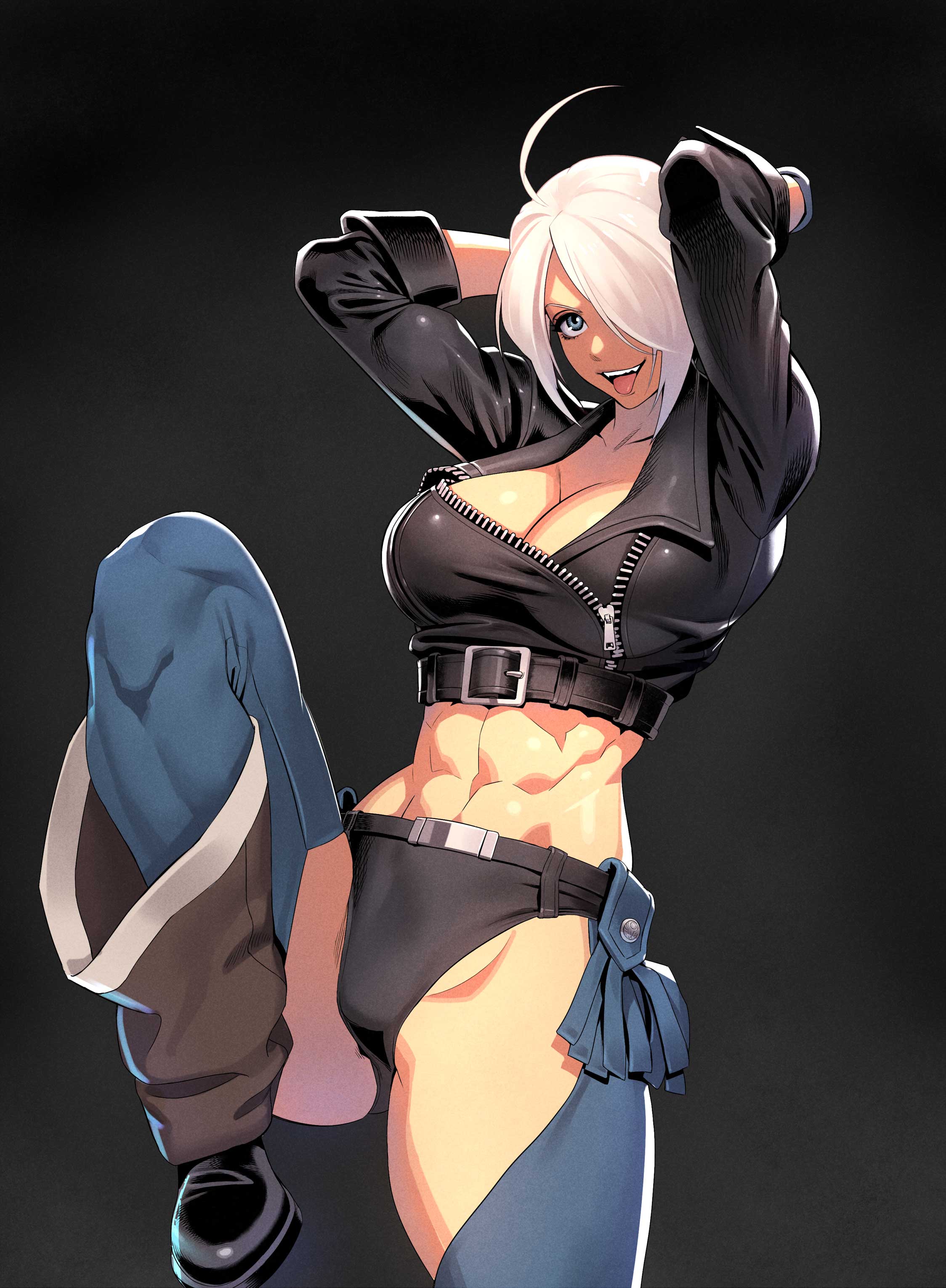 abs, absurdres, angel (kof), backless pants, belt, belt buckle, big breasts, blue eyes, boots, bra, breasts, chaps, cleavage, commentary request, cowboy boots, crop top, cropped jacket, female, fingerless gloves, gloves, hair over one eye, highres, jacket, king of fighters, king of fighters xiv, large breasts, leather, leather jacket, leg up, looking at viewer, midriff, muscular, muscular female, navel, ogami, panties, pants, short hair, smile, snk, solo, strapless, strapless bra, toned, toned female, tongue, tongue out, underwear, white hair