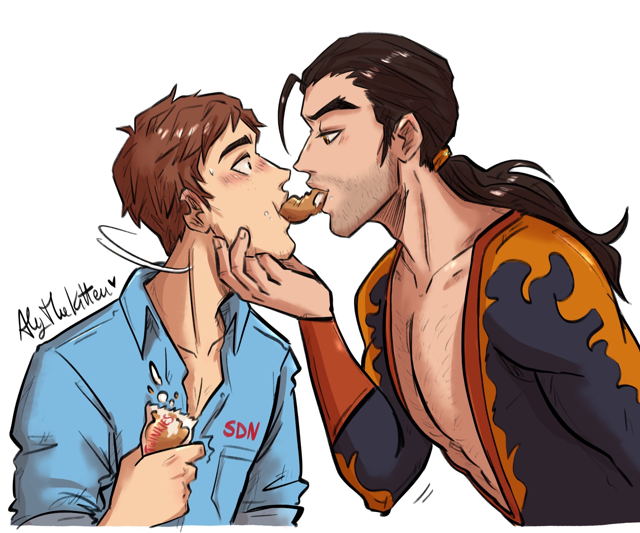 alythekitten, dispatch (game), flambae, food, gay, male, male only, ponytail, robert robertson, sharing food, yaoi