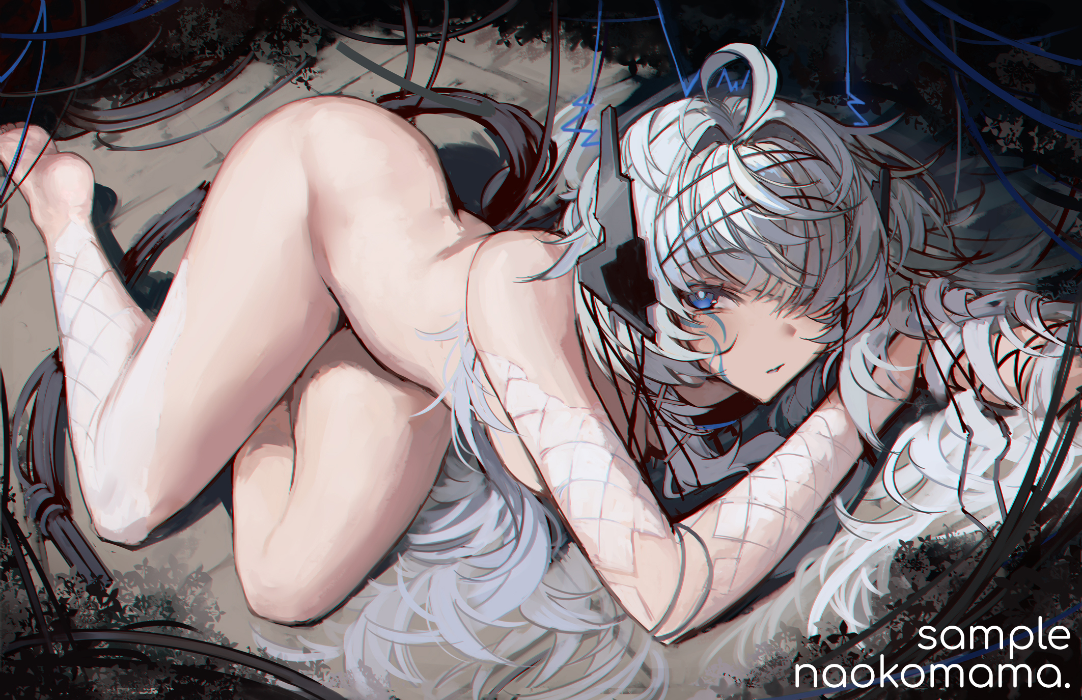 ahoge, artist name, ass, blue eyes, blush, breasts, cable, completely nude, facial mark, female, grey hair, highres, large breasts, long hair, looking at viewer, lying, naokomama, noa talent, nude, on ground, on side, one eye closed, one eye covered, sample watermark, sayu sincronisity, sayu sincronisity (3rd costume), soles, solo, thighs, very long hair, virtual youtuber, watermark