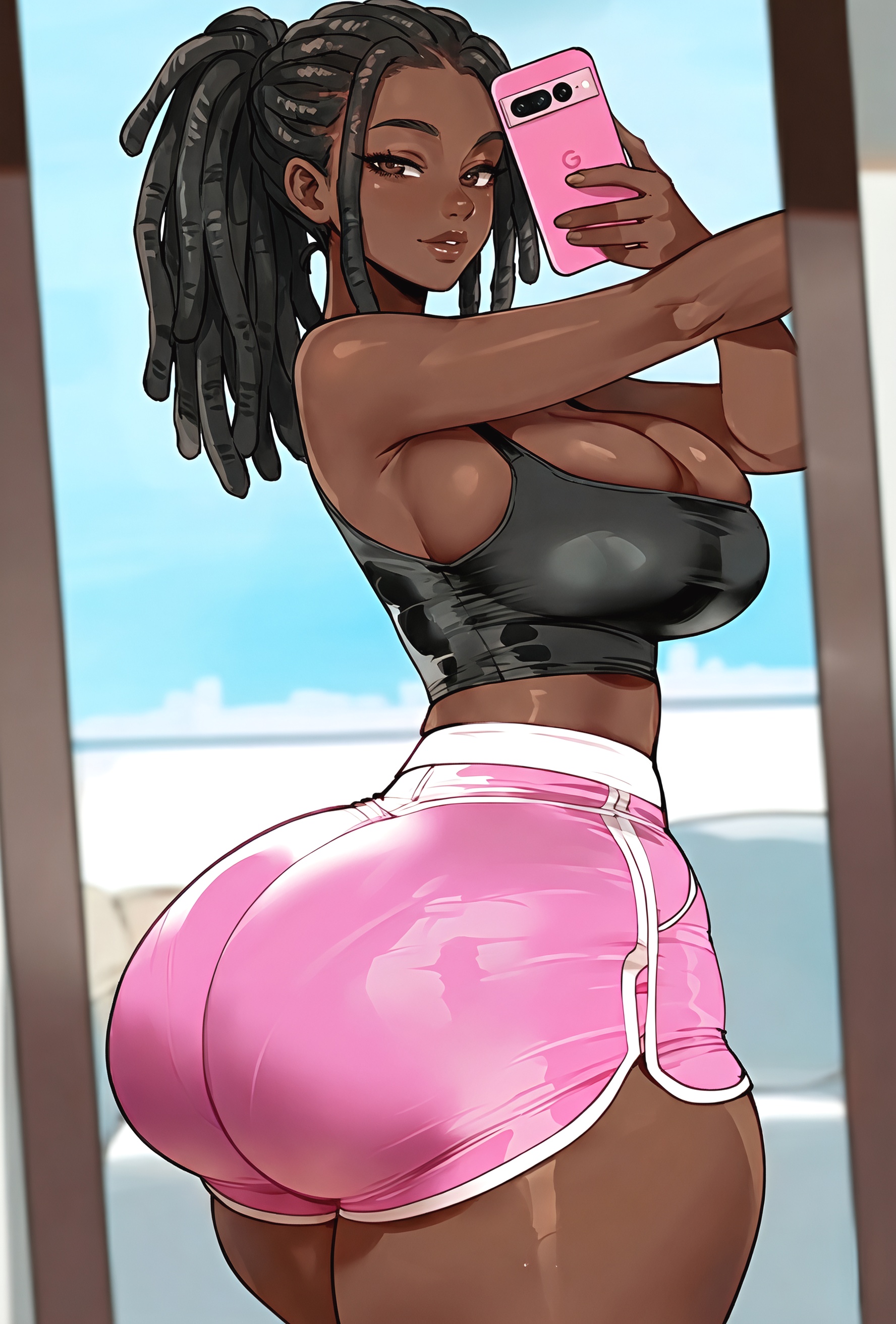 1girls, african female, ai generated, ass, ass focus, back view, big breasts, black hair, black woman, booty, brown eyes, cleavage, dark skin, dark-skinned female, dreadlocks, female, female only, google pixel, looking at viewer, looking back, mirror selfie, mrtecta, original, original character, ponytail, selfie, shorts, solo, solo female, tank top, thick, thick ass, thick thighs, thighs, viewed from behind