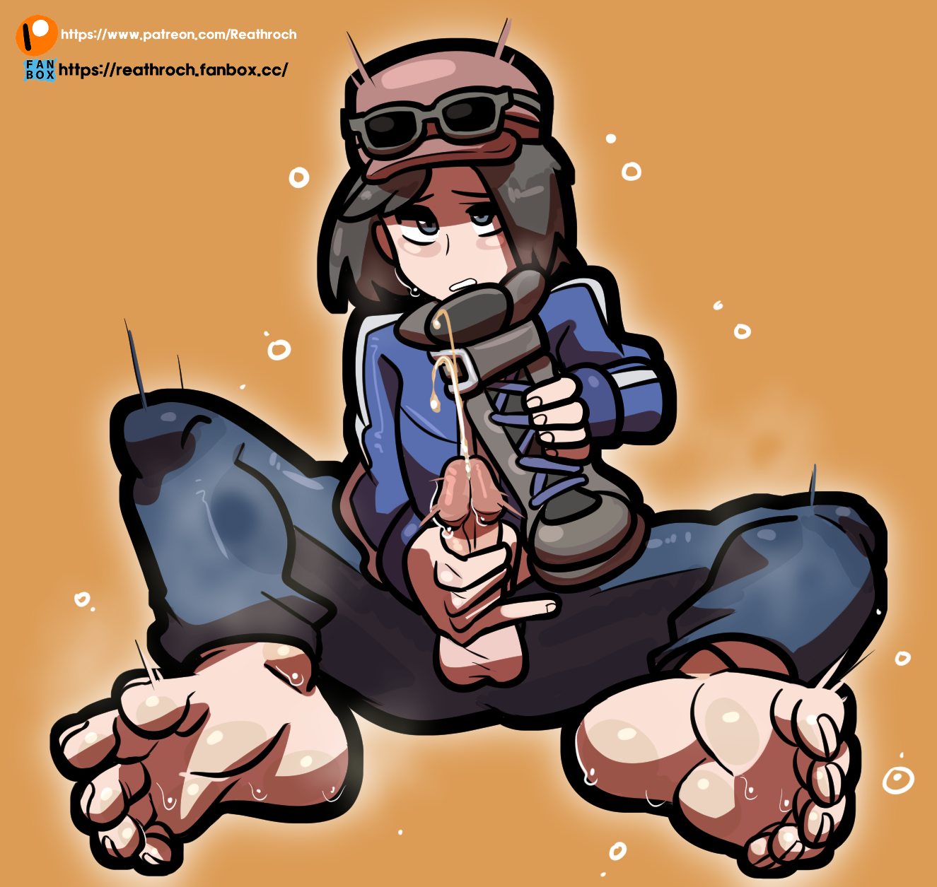 1boy, barefoot, blush, calem (pokemon), cum, ejaculation, feet, foot fetish, male, male only, masturbation, penis, pokemon, pokemon xy, reathroch, shoes removed, soles, solo, toes, uncensored