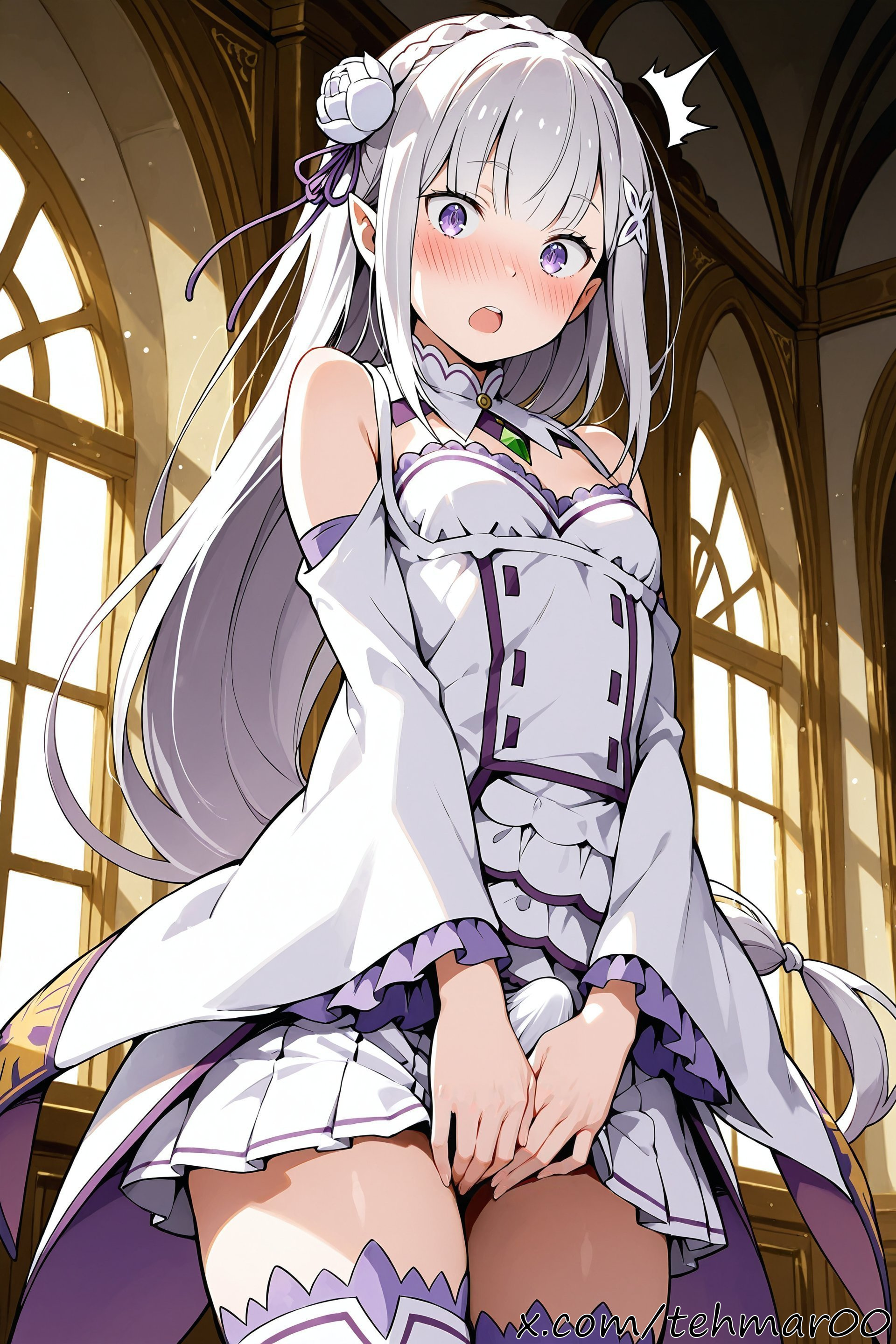 1boy, ai generated, bangs, bare shoulders, blush, braid, covering, covering crotch, cowboy shot, detached sleeves, dress, elf, embarrassed, emilia (re:zero), femboy, flower, gem, genderswap (ftm), hair flower, hair ornament, hair ribbon, indoors, long hair, long sleeves, looking at viewer, male, male emilia, open mouth, pleated skirt, pointy ears, purple eyes, re:zero kara hajimeru isekai seikatsu, ribbon, rule 63, silver hair, skirt, solo, surprised, tagme, tehmar, thighhighs, trans woman, transfem, trap, white flower, white skirt, wide sleeves, window, x hair ornament