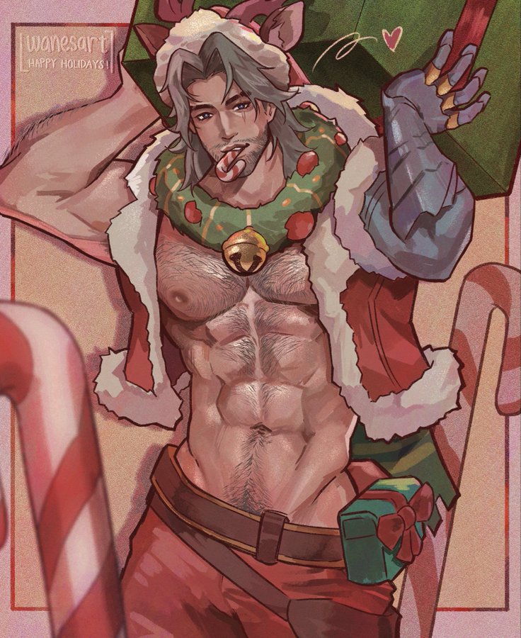 bucky barnes, candy cane, chest hair, christmas, hairy, hairy chest, hairy male, holidays, male, male only, marvel, marvel rivals, masculine, muscular, muscular male, solo, wanesart, white hair, winter soldier, winter soldier (marvel rivals), winter soldier (winter buckaroo)