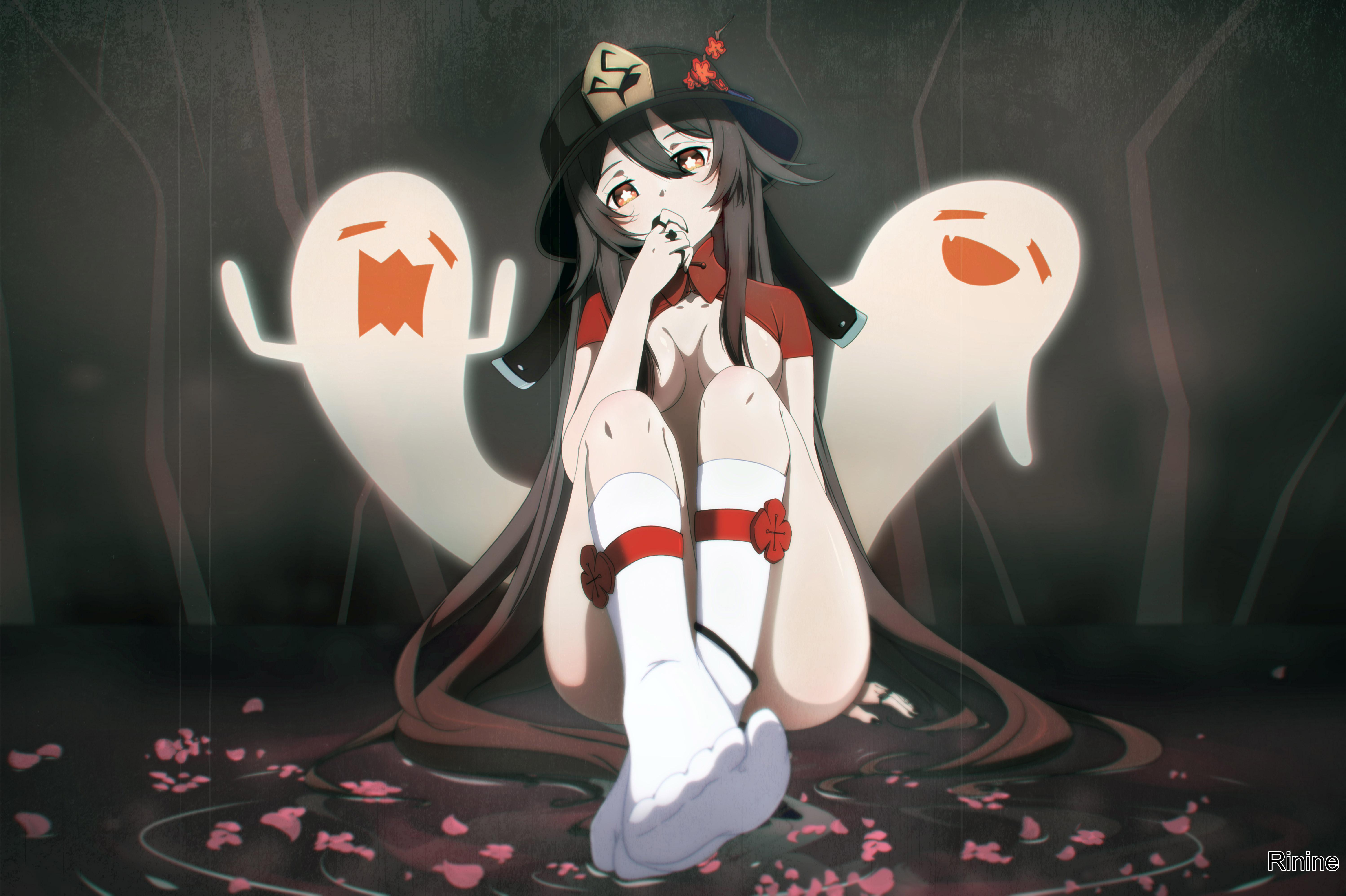 1girls, absurdly long hair, arm support, average breasts, black fingernails, black nail polish, black nails, breasts, brown eyebrows, brown hair, brown-haired female, censored, censored breasts, censored nipples, convenient censoring, convenient censorship, covering, covering face, covering mouth, covering own mouth, covering self, dark background, feet fetish, feet focus, female, female only, fingernails, foot fetish, foot focus, genshin impact, hat, head tilt, hu tao (genshin impact), looking down, looking down at viewer, medium breasts, nail polish, nails, petite, petite body, petite breasts, petite female, petite girl, petite tits, red eyes, red-eyed female, rinine, sitting, sitting on ass, socks, tilted head, very long hair, very long hair female, white socks