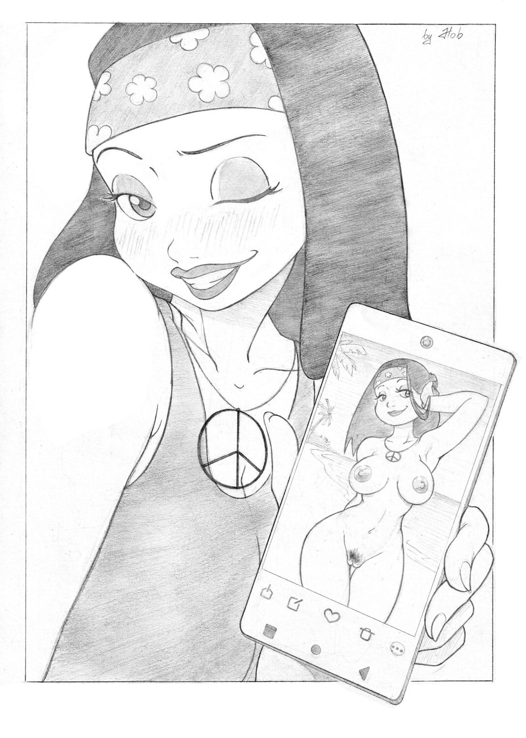american dad, breasts, brown hair, female, female focus, female human, female only, female pubic hair, hairband, hairband only, hayley smith, hippie, hob (artist), hobb, innie pussy, naked, nude, nude female, phone, phone screen, phone view, smartphone, smile, wink, winking, winking at viewer