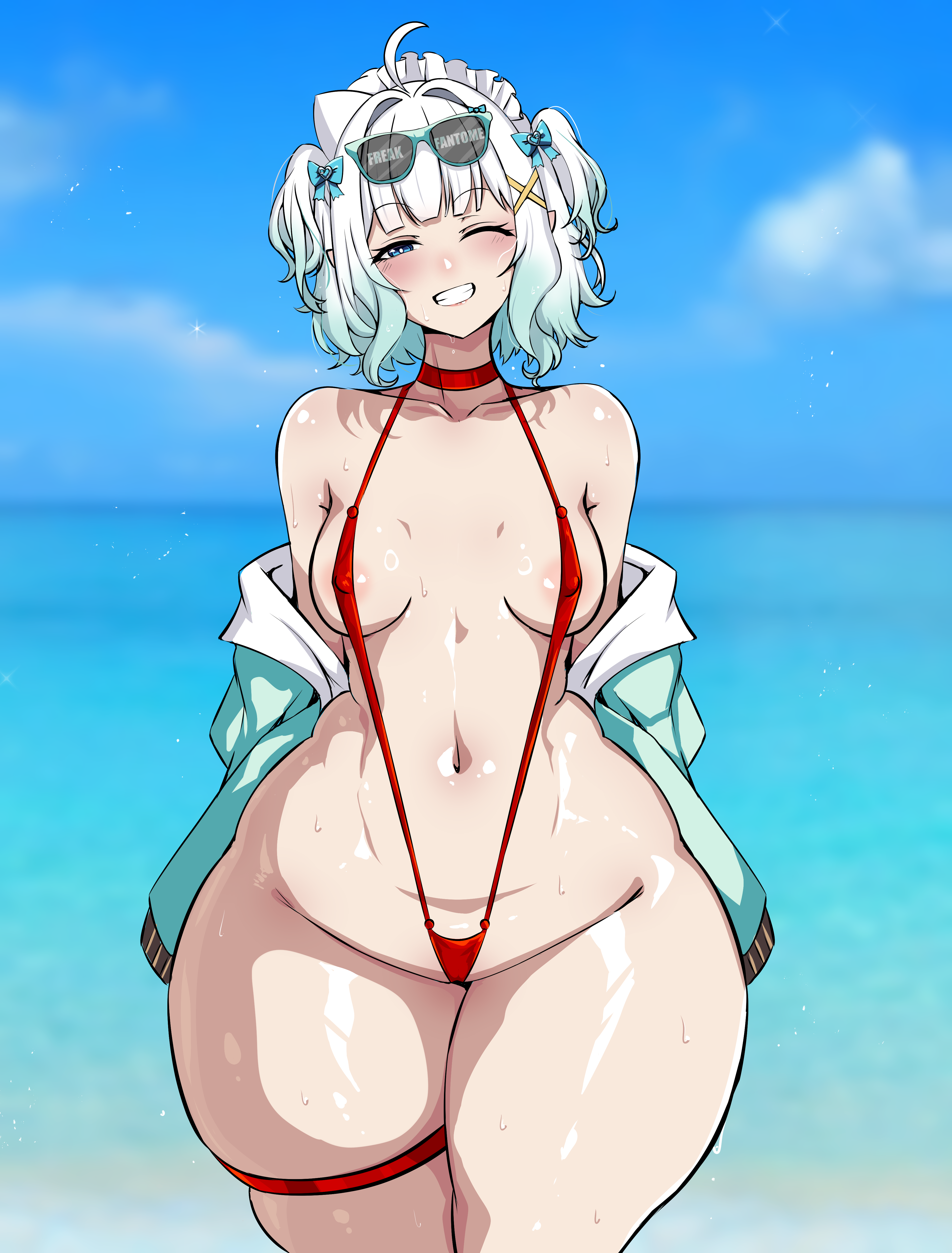 absurdres, aqua hair, areola slip, blue eyes, blush, bottom heavy, bottom heavy female, breasts, commentary, covered nipples, curvy, day, densetsu.exe, english commentary, eyewear on head, female, frills, ghost girl, gradient hair, hair ornament, highres, hips, indie virtual youtuber, looking at viewer, maid headdress, maid mint, medium breasts, mint fantome, mint fantome (minto 2.0), multicolored hair, navel, ocean, outdoors, pear-shaped figure, pointy ears, red slingshot swimsuit, rudeus (steban sharnak), shiny skin, short hair, skindentation, slingshot swimsuit, smile, solo, standing, sunglasses, sweat, swimsuit, thicc, thick, thick ass, thick legs, thick thighs, thigh strap, thighs, triangular headpiece, two side up, virtual youtuber, white hair, wide hips, x hair ornament