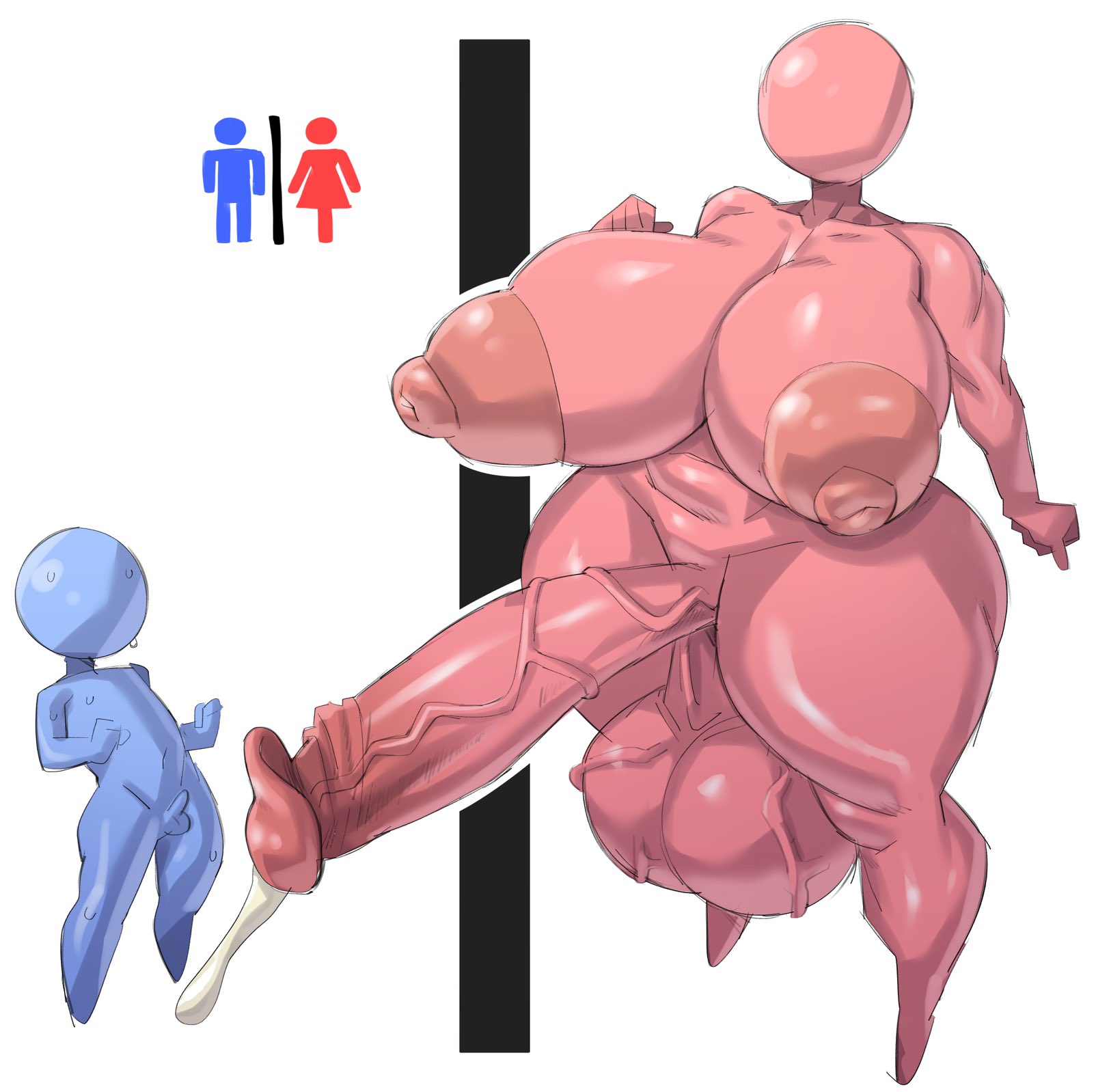 3d, 3d (artwork), bathroom sign, bigger futa, blue body, cum, duo, futa focus, futa giantess, futa is bigger, futanari, giantess, huge balls, huge cock, male, muscular, muscular futa, nervous, nipples bigger than penis, nude, nude futa, nude male, penis, pictogram, pink body, sakana8888888, size difference, small penis, smaller male, stick figure, sweat, sweating, thighs, tiny penis, veins, venus futa, warning sign person