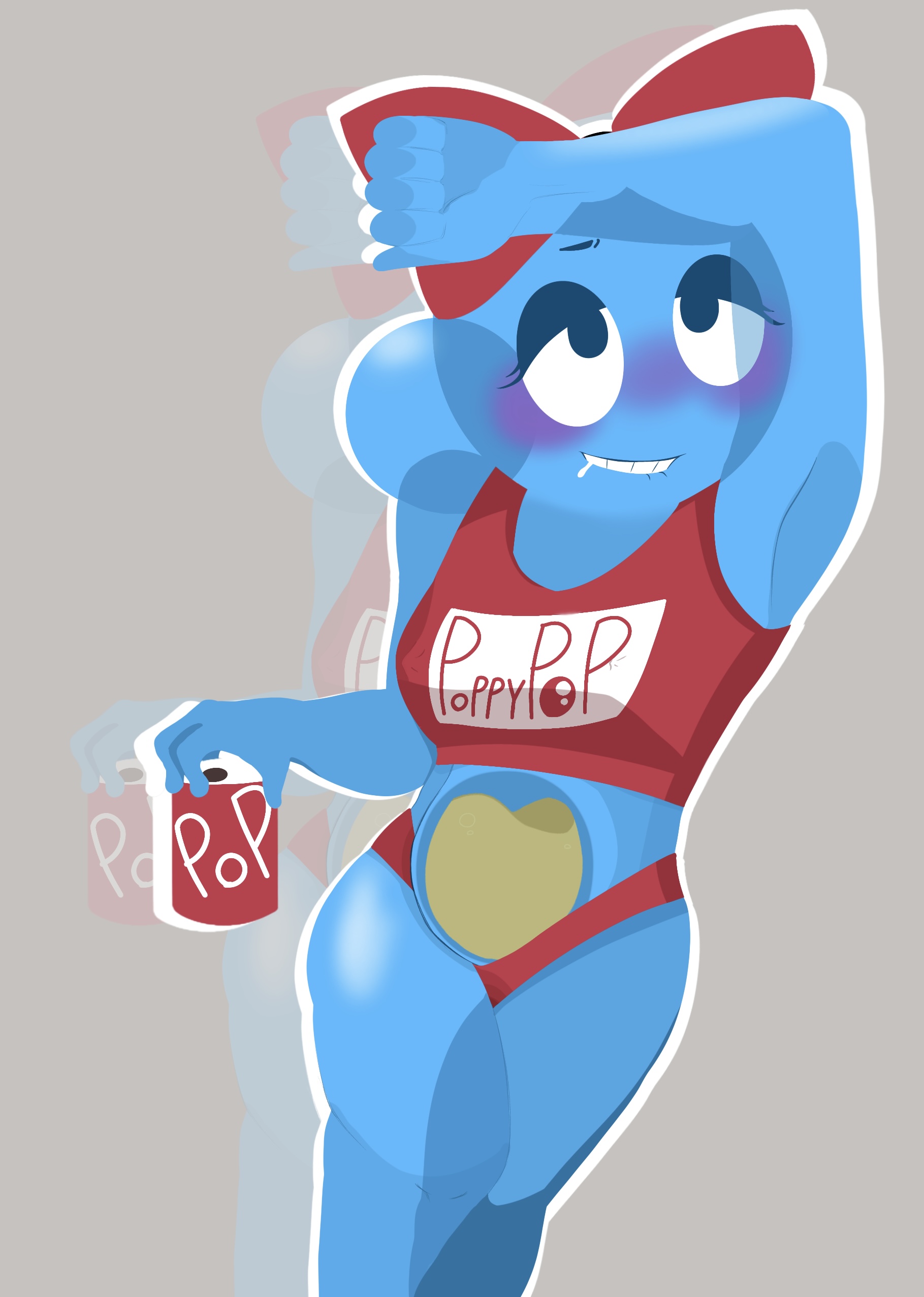 1girls, bladder bulge, blue skin, blush, bow, bulging nipples, crossed legs, dandy's world, female focus, female only, have to pee, omorashi, panties, poppy (dandy's world), red bow, rolling eyes, topwear, urine in bladder