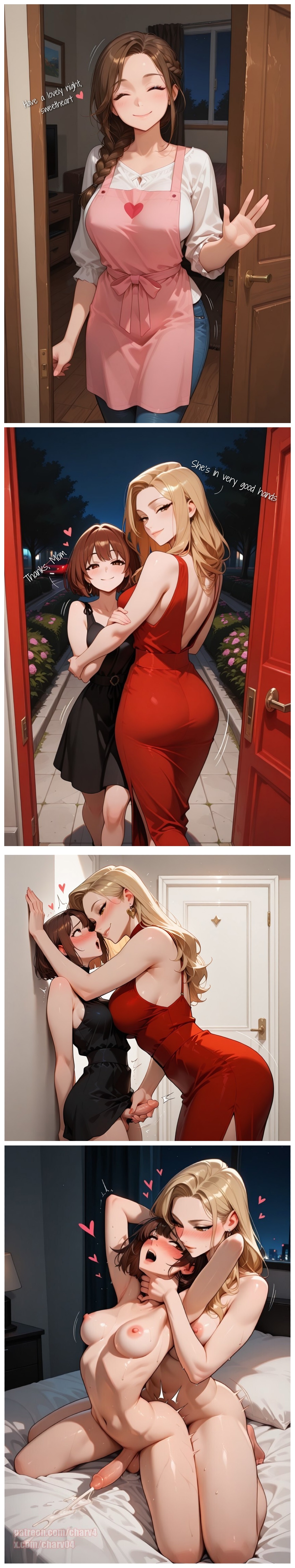 3futas, abs, against wall, ai generated, anal, anal sex, apron, arched back, armpits, big ass, big breasts, black dress, blonde hair, brown hair, charv, closed eyes, from behind, futa on futa, futa only, futadom, futanari, handjob, huge cumshot, jeans, katherine (charv), luna (charv), milf, mother, naked, red dress, teacher, teacher and student