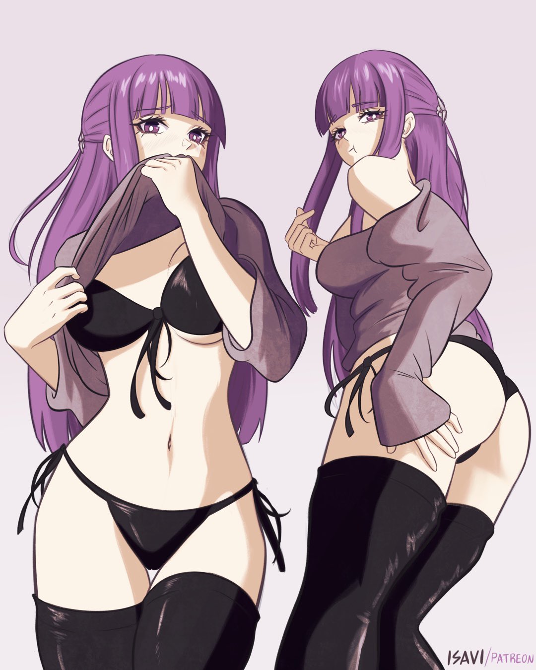 1girls, ass, bikini, black bikini, breasts, clothes lift, female, fern (sousou no frieren), grey background, hair ornament, highres, isavi, looking at viewer, multiple views, purple eyes, purple hair, sousou no frieren, swimsuit, thighhighs