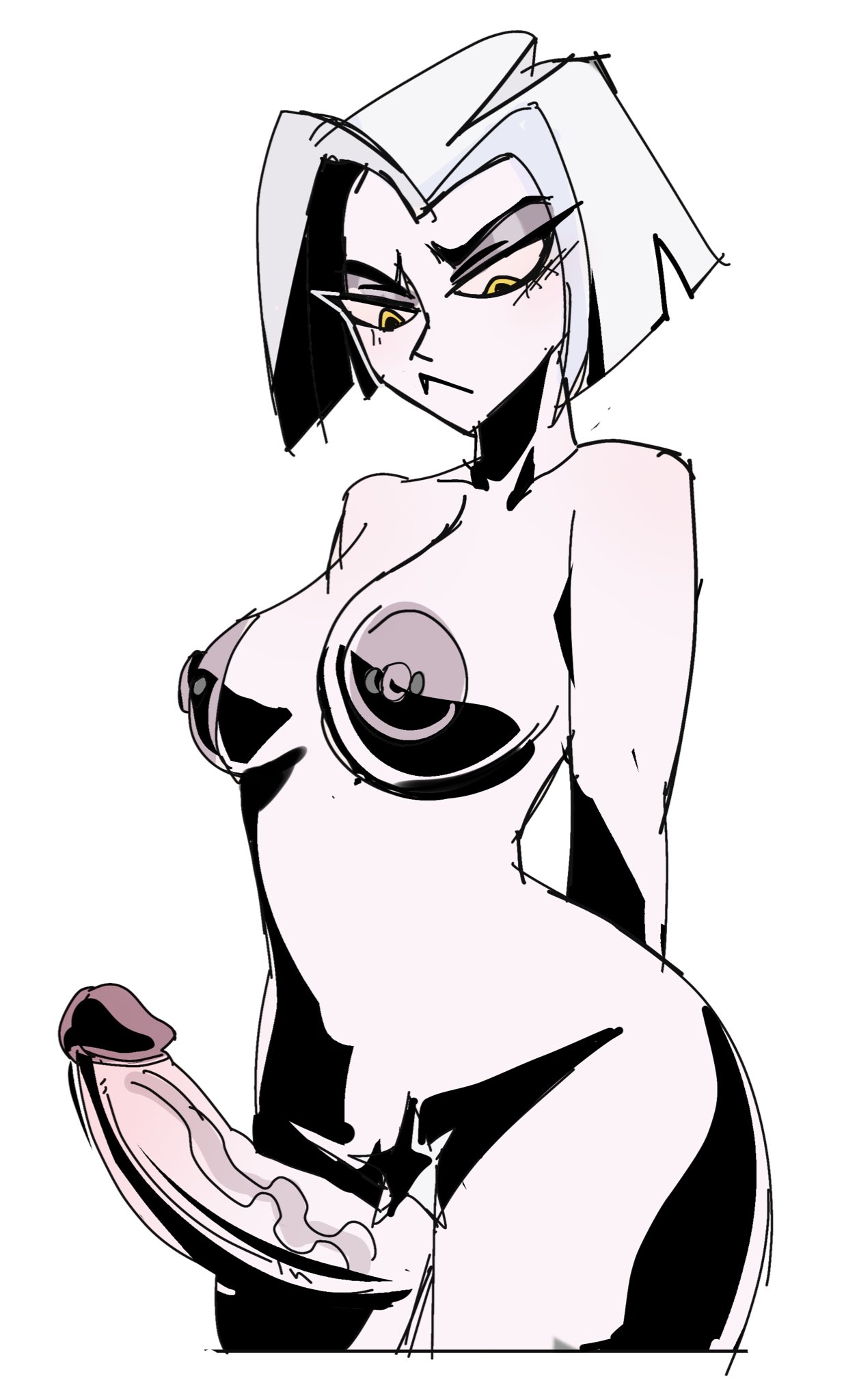 1futa, 1girls, artiah669, big penis, breasts, breasts out, completely nude, dickgirl, dickgirl only, erect penis, erection, female, fleshpie669, futa only, futanari, hazbin hotel, humanoid, large penis, lute (hazbin hotel), mammal humanoid, medium breasts, penis, penis out, pierced nipples, piercing, piercings, short hair, solo, testicles, tits out, white hair