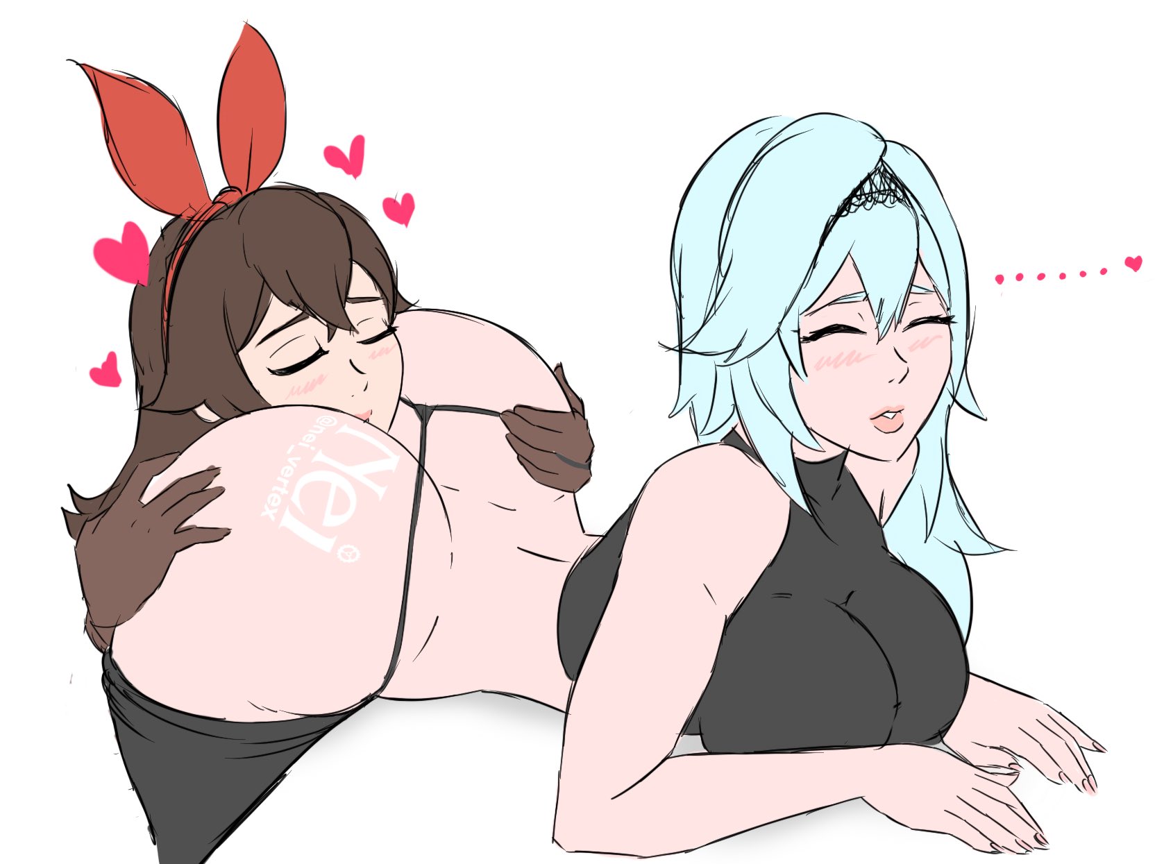 2girls, amber (genshin impact), ass, ass cleavage, ass crack, big ass, big breasts, breasts, butt crack, butt hug, closed eyes, eula (genshin impact), face on ass, female, female only, genshin impact, huge ass, large ass, large breasts, lesbian sex, long hair, nei (artist), thick ass, thong, yuri