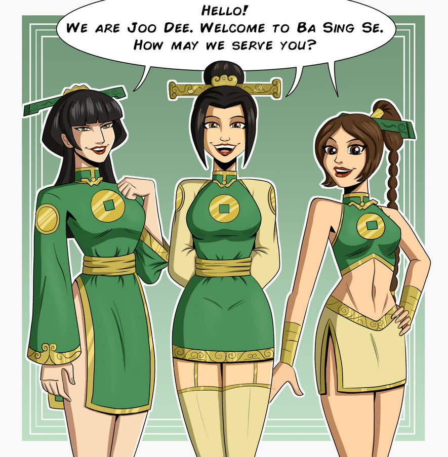 2010s, 2019, 3girls, alternate costume, athletic female, avatar the last airbender, azula, brainwashed, corruption, cute clothing, deviantart, earth kingdom, english text, female, female only, full body, garter straps, greeting viewer, halter top, identity death, joo dee, lipstick, looking at viewer, mai (avatar), midriff, mind control, miniskirt, multiple girls, polmanning, side slit, side slit skirt, smile, speech bubble, stocking, text, ty lee