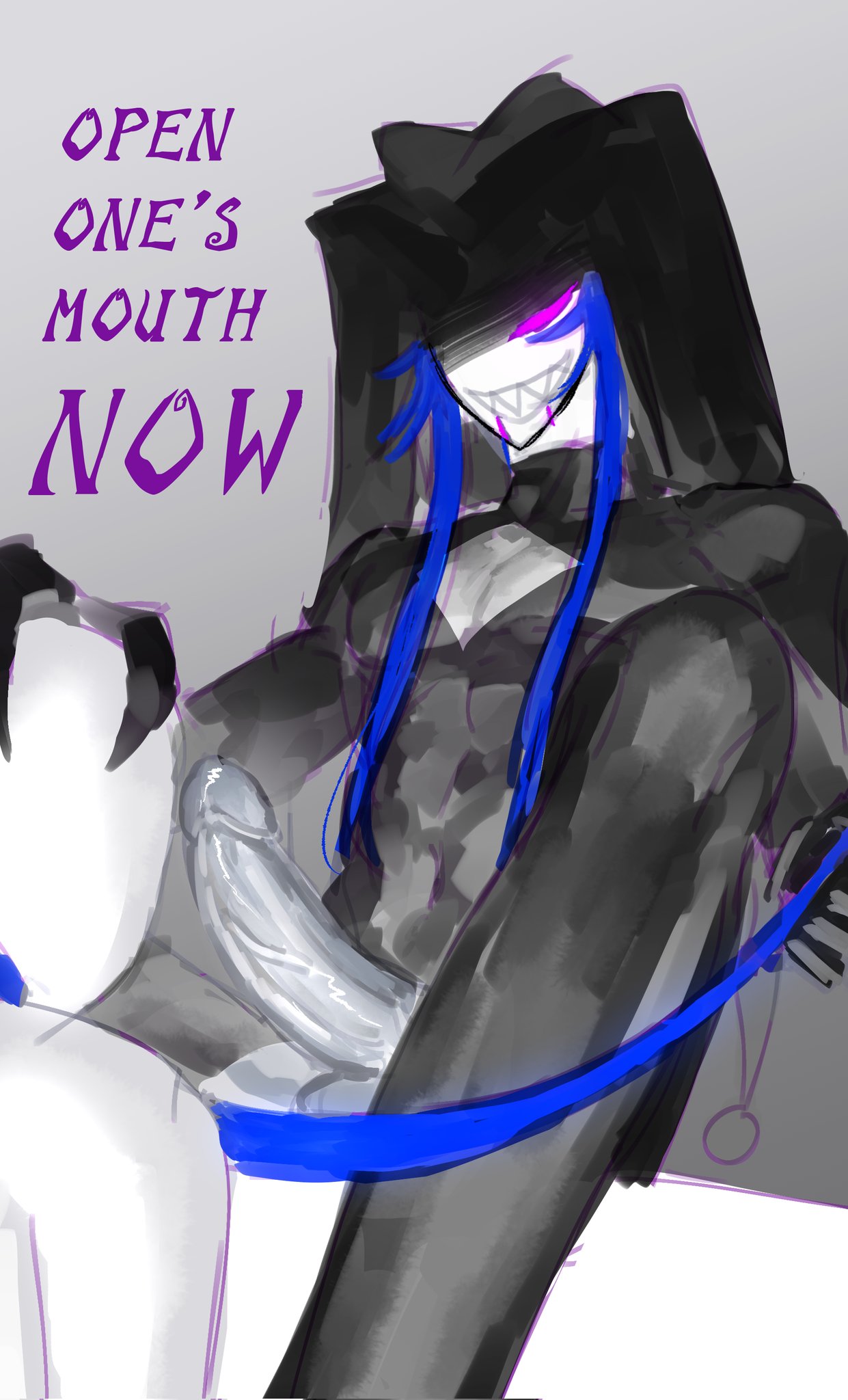 1boy, ambiguous gender, anon, baidaoovo, hand on head, imminent fellatio, imminent sex, jester, jester (the freak circus), penis, text, the freak circus, y/n