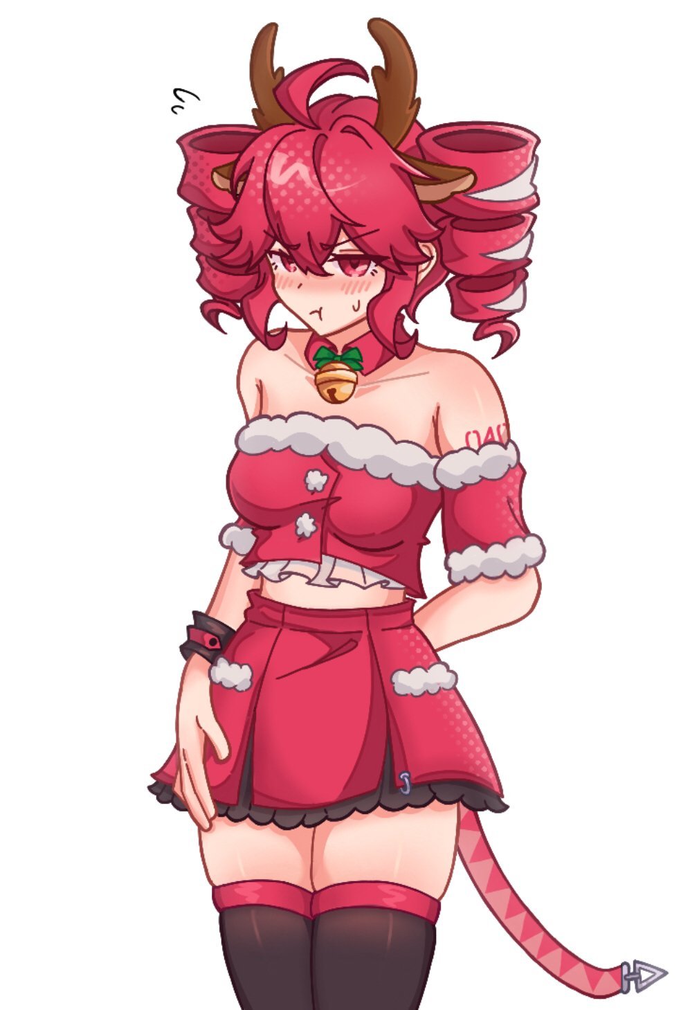 :t, 1girls, antlers, bell, bell collar, blush, bracelet, christmas, christmas outfit, collar, cowbell, cowbell collar, deer, deer ears, female, flustered, kasane teto, kasane teto (sv), light skin, light-skinned female, looking at viewer, pink eyes, pink hair, simple background, skirt, solo, sweatdrop, synthesizer v, thighs, twintails, vlo (gumitetoyuri), white background, zettai ryouiki