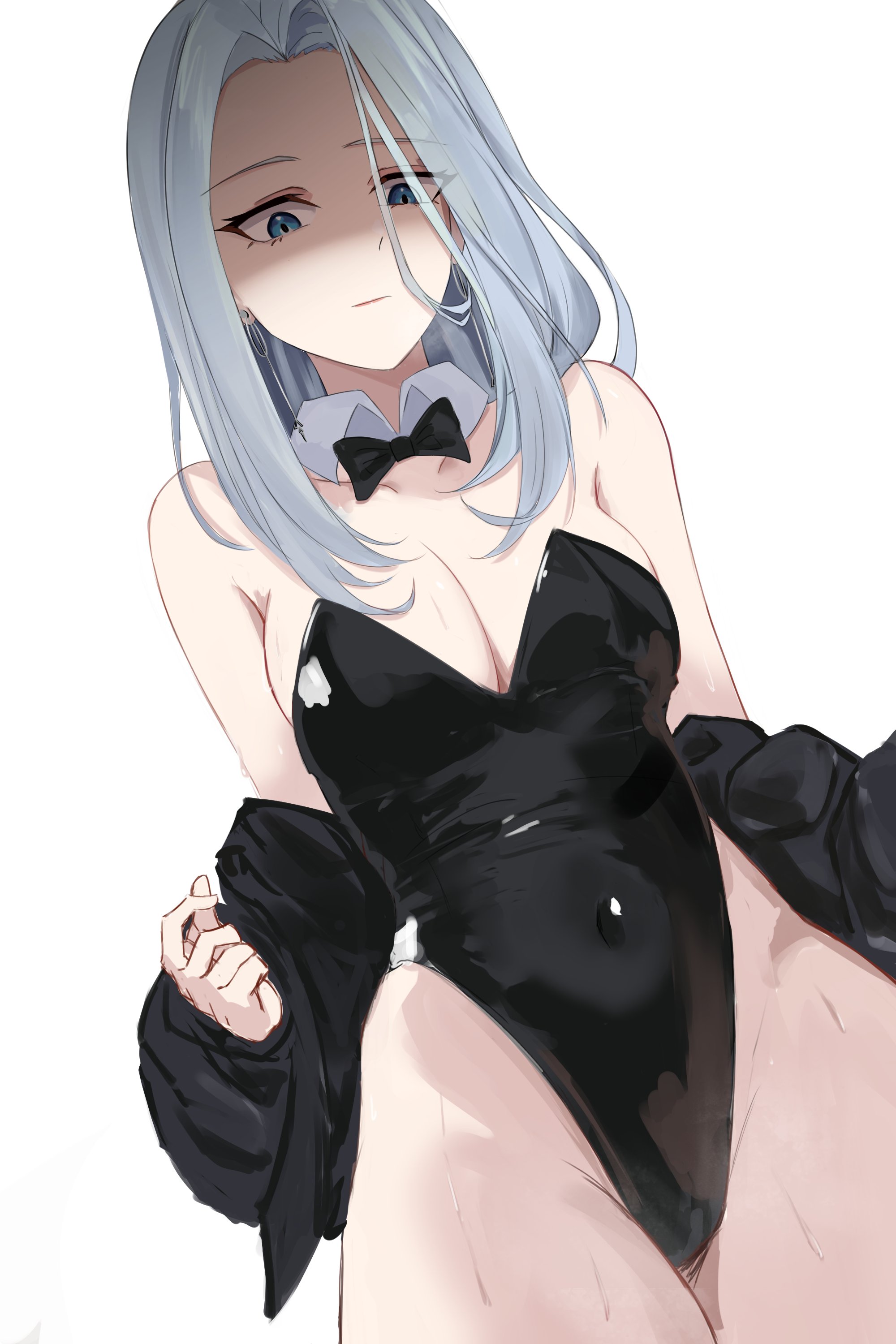 1girls, absurdres, alternate costume, amalee, bare shoulders, black bow, black bowtie, black bunnysuit, black jacket, black leotard, blue eyes, bow, bowtie, breasts, bunny girl, bunnysuit, canvas sensei, cleavage, collarbone, commission, covered navel, cowboy shot, earrings, female, grey background, grey hair, groin, highres, hips, jacket, jewelry, large breasts, leotard, light skin, light-skinned female, looking at viewer, monarch (amalee), off shoulder, playboy bunny, shaded face, simple background, skeb commission, solo, sweat, virtual youtuber, vtuber, wet