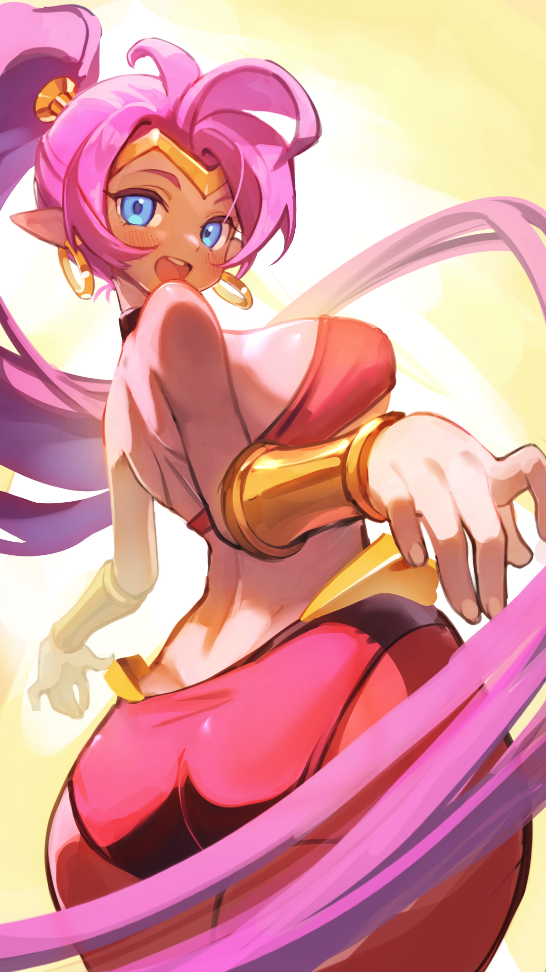 1girls, ass, breasts, dancing, dark skin, dark-skinned female, earrings, female, female only, green eyes, life is pi, pointy ears, purple hair, shantae, shantae (character), solo, thighs, wayforward
