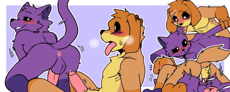 anal penetration, anal sex, blush, canine, catnap (poppy playtime), critters (poppy playtime), cum, cum in ass, cum inside, dogday (poppy playtime), feline, gay, gay sex, male penetrated, male penetrating male, male/male, mob entertainment, no humans, poppy playtime, smiling critters, smirk, taunting, tongue out