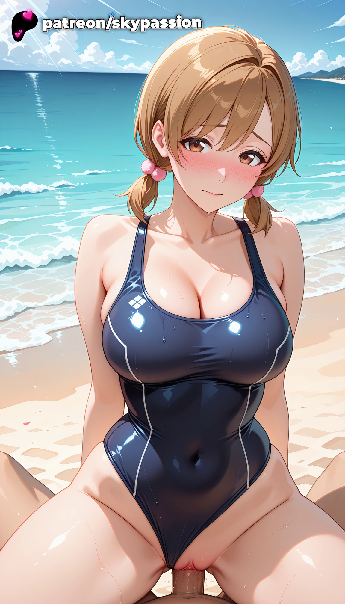 1boy, 1girls, 2025, ai assisted, ai generated, anime, artist name, beach, bleach, blue swimsuit, blush, breasts, brown eyes, brown hair, bust, clothing aside, cock, collarbone, covered navel, cowgirl pose, cowgirl position, dick, explicit, female genitalia, genitals, hi res, high quality, high resolution, highres, kurosaki yuzu, legs apart, looking at viewer, love making, one-piece swimsuit, outdoors, patreon, patreon username, penetration, penis, pool, poolside, pussy, sand, sex, sexual intercourse, shore, short twintails, sky, skypassion, spread legs, stable diffusion, straddling, straight, swimsuit, swimsuit aside, uncensored, uncensored pussy, uncensored vagina, vaginal penetration, water, watermark, waves, woman on top, yuzu kurosaki
