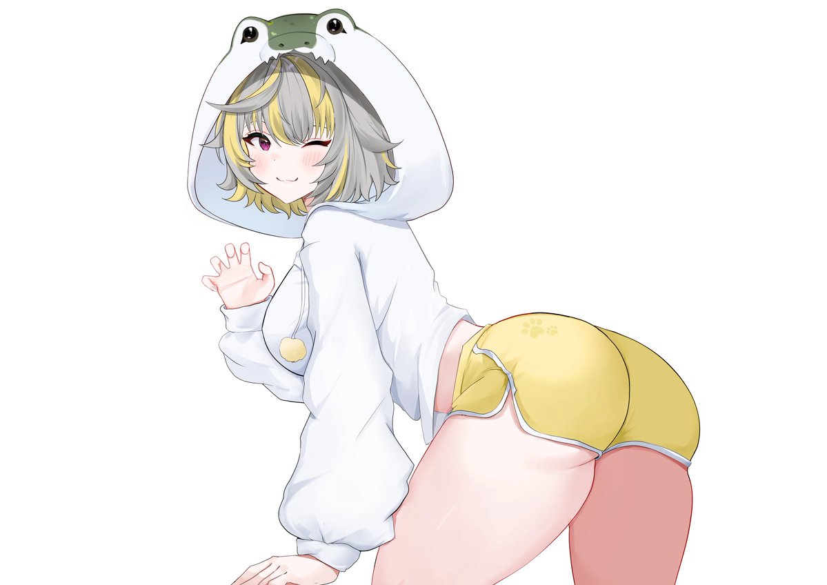 :3, ass, ass focus, bent over, blush, breasts, claw pose, dolphin shorts, female, glitch stars, hood, hoodie, looking at viewer, medium hair, multicolored hair, one eye closed, pokuriin, second-party source, shorts, sideboob, solo, sunnysplosion, thick thighs, thighs, virtual youtuber, white background