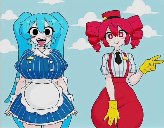 big ass, big breasts, blue hair, bottom heavy, diabeticcat, hatsune miku, higher resolution available, kasane teto, mesmerizer (vocaloid), mesmerizer miku, mesmerizer teto, red hair, repost, sfw, tagme, teal hair, top heavy, twintails, vocaloid