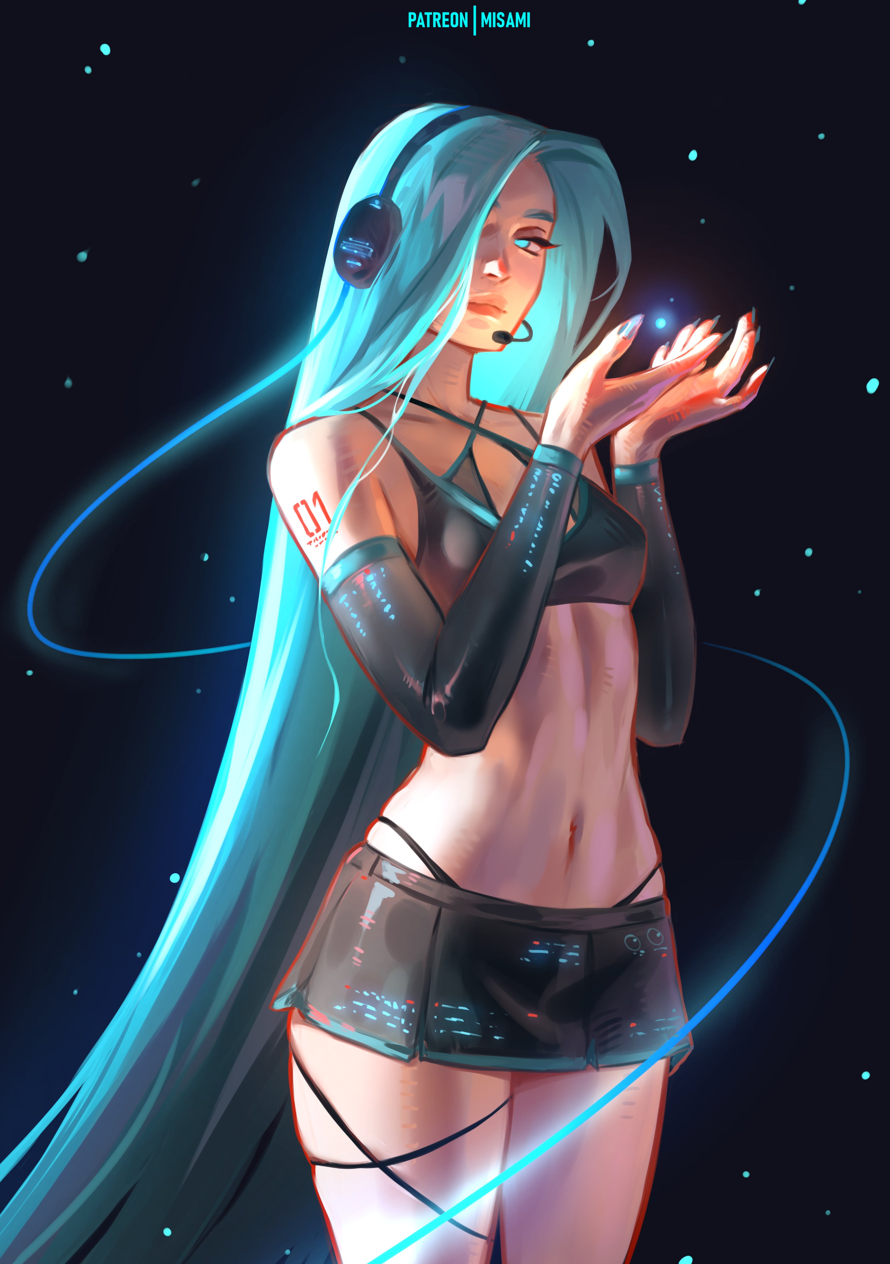 1girl, 1girls, alternate hairstyle, aqua hair, big thighs, black skirt, blue eyes, breasts, detached sleeves, female, female only, glowing, hair down, hair over one eye, hatsune miku, headphones, headset, highleg, highleg panties, hourglass figure, huge thighs, long fingernails, long hair, long nails, midriff, miniskirt, misami, nail polish, navel, painted fingernails, painted nails, panties, revealing clothes, short skirt, skirt, small breasts, solo, tattoo, thick legs, thick thighs, thong above skirt, thong straps, thunder thighs, thunderthighs, tits out, underwear, variant set, very long hair, vocaloid, wide hips, wide thighs