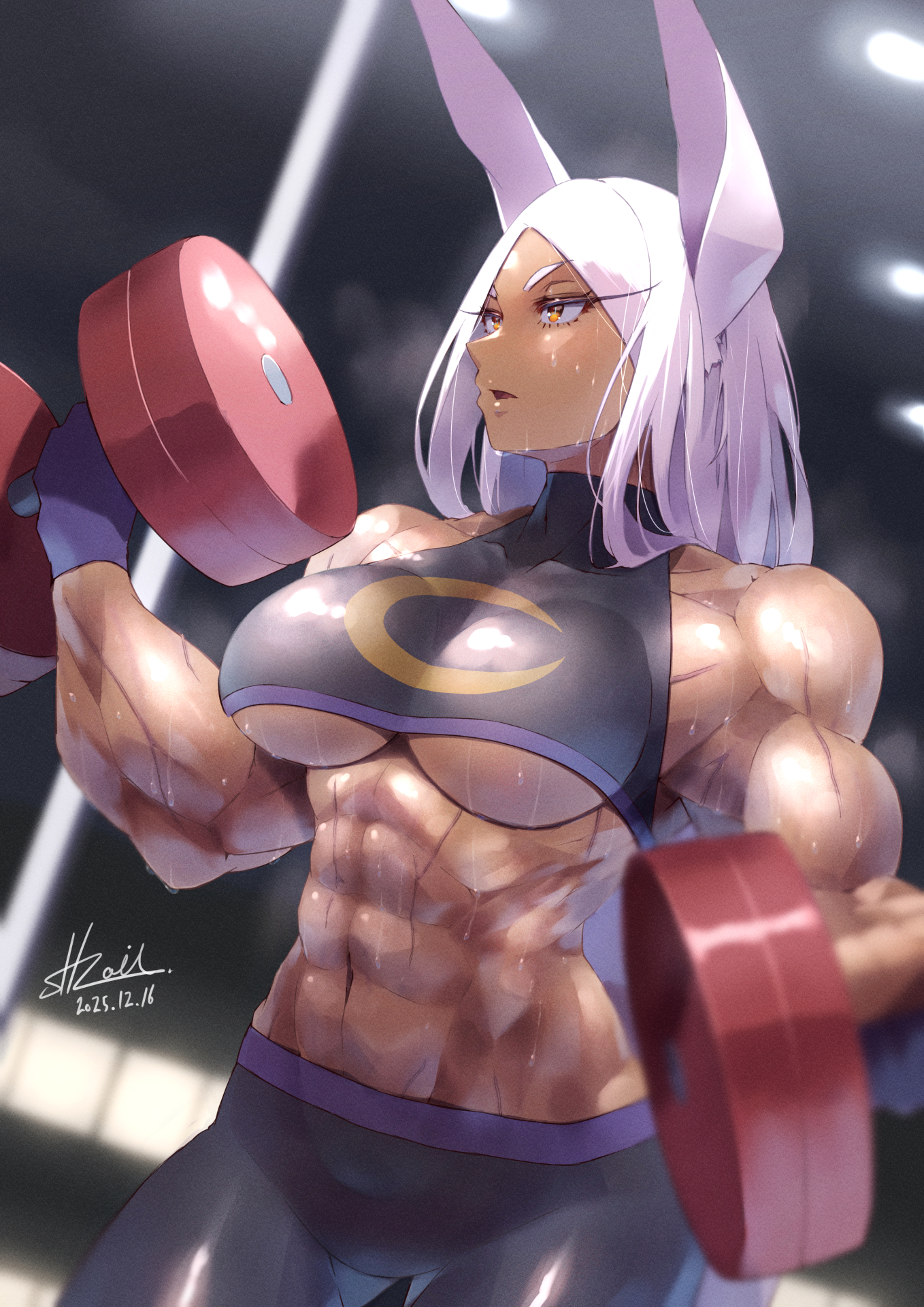 abs, animal ears, bare shoulders, biceps, big breasts, black pants, black shirt, blurry, blurry background, boku no hero academia, breasts, covered collarbone, crescent print, crop top, dark skin, dark-skinned female, dated, dumbbell, exercising, female, gloves, highres, holding, holding dumbbell, large breasts, long eyelashes, long hair, looking ahead, mirko, miruko, muscular, muscular female, my hero academia, navel, pants, parted bangs, parted lips, purple gloves, rabbit ears, rabbit girl, red eyes, rumi usagiyama, shirt, signature, sleeveless, sleeveless shirt, solo, steaming body, stomach, strail cycleman, sweat, turtleneck, turtleneck shirt, underboob, usagiyama rumi, very long hair, very sweaty, weightlifting, white hair