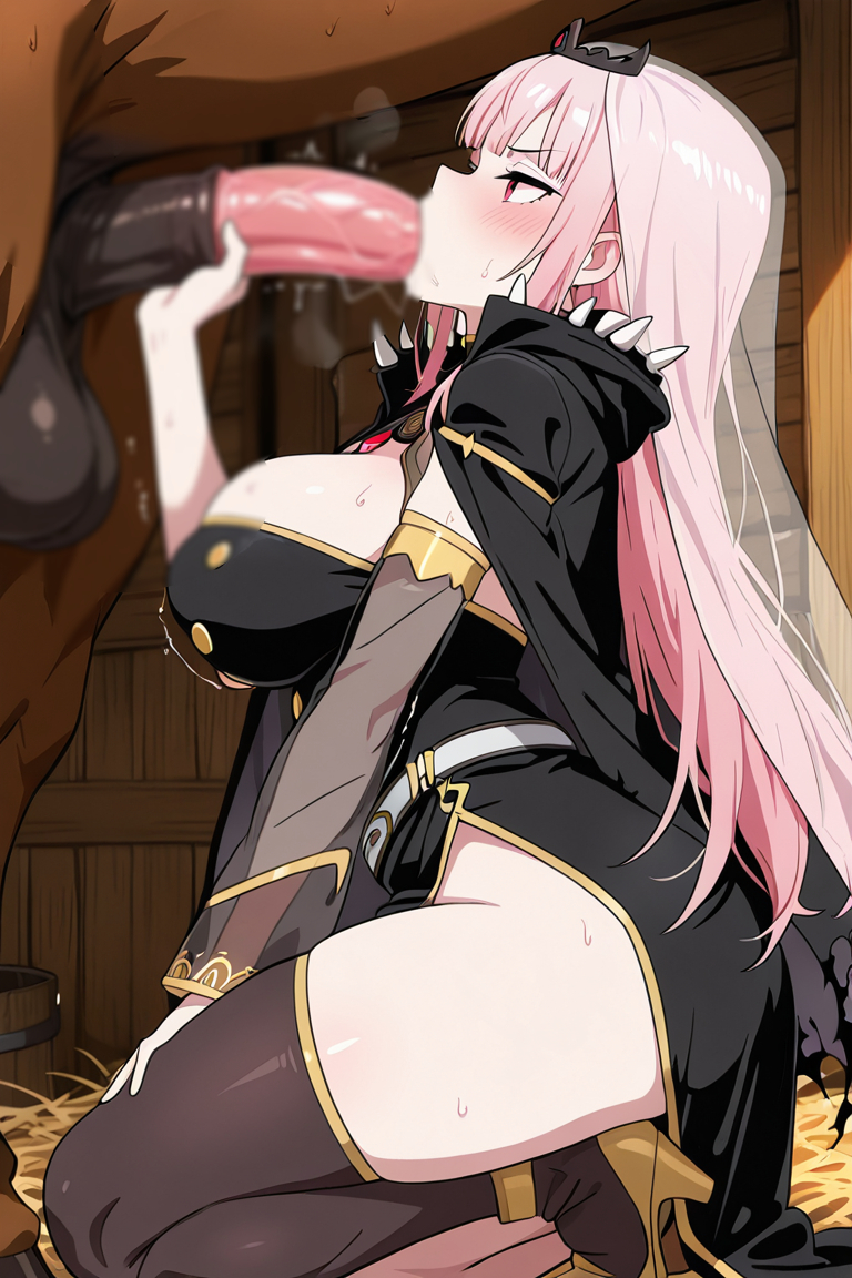 2025, ai generated, big breasts, blowjob, blur censor, censored penis, cleavage, clothed female, clothing, consensual, equid, equine, equine penis, fellatio, female, hololive, hololive english, hololive myth, horse, horsecock, human, interspecies, long hair, mori calliope, on knees, oral, pink hair, testicles, thick thighs, wide hips, zoophilia