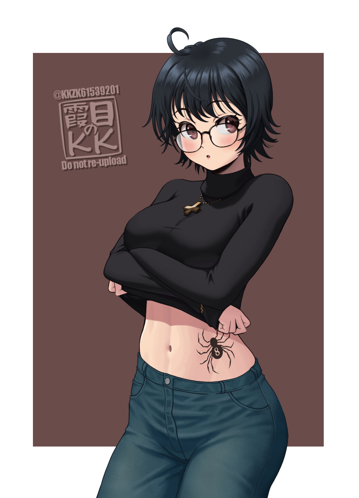 :o, arms crossed, arms under breasts, artist name, big breasts, black hair, black shirt, black sweater, black tattoo, black-framed eyewear, blue jeans, blue pants, blush, blush lines, blushing, border, breasts, brown background, brown eyes, chain bracelet, chain bracelets, chain necklace, chains, commentary request, cowboy shot, cross, cross necklace, denim, female, glasses, highres, hunter x hunter, inverted cross necklace, jeans, kkzk61539201, large breasts, lifting own clothes, light blush, long sleeves, looking at viewer, midriff, navel, open mouth, outside border, pants, parted lips, phantom troupe, shirt, shirt lift, shizuku murasaki, short hair, solo, spider tattoo, stomach tattoo, sweater, sweater lift, tattoo, twitter username, undressing, white border
