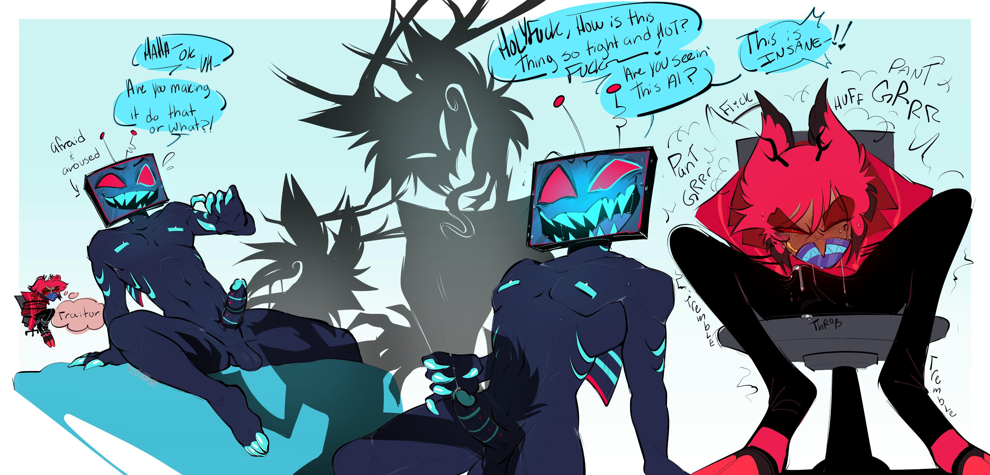 2boys, 3boys, alastor (hazbin hotel), anal, anal insertion, anal sex, bileshroom, blowjob, blowjob face, blowjob only, bondage, bulge, bulge through clothing, bulge under clothes, cuckold, cuckolding, dominant, domination, gay, gay blowjob, gay domination, gay male, gay sex, hazbin hotel, maledom, malesub, oral, oral sex, shadow alastor, submissive, submissive male, tied, tied hands, tied up, tongue, tongue around penis, tongue out, tongue out blowjob, tongue wrap, vox (hazbin hotel)