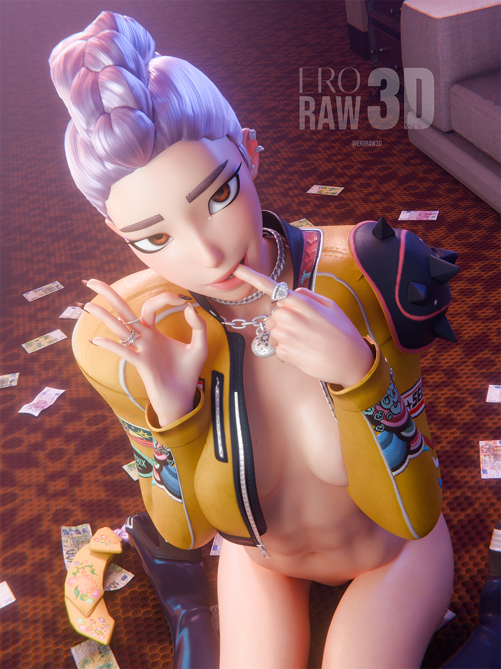 3d, blender, blender (artwork), blender (software), blender cycles, blowjob gesture, breasts, cg, cgi, eroraw3d, female, fortnite, kpop demon hunters, naked footwear, posing, posing for picture, posing for the viewer, posing nude, rumi (kpop demon hunters)