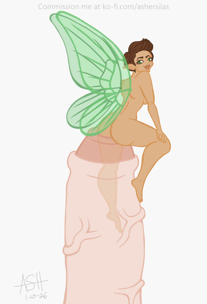 1boy, 1girls, 2d artwork, brown hair, brunette female, cock vore, elf ears, extreme size difference, fairy, fairy female, fairy wings, fancyfrog (artist), female, female penetrating, female penetrating male, foreskin, giant, green eyes, green eyes female, ko-fi username, larger male, leg insertion, light skinned male, macro, male, male penetrated, male/female, micro, micro on macro, micro on penis, minigirl, minigirl on penis, naked female, pointed ears, pointy ears, short hair female, size difference, size difference vore, smaller female, sounding, tan skin, tan skinned female, uncircumcised, uncircumcised penis, urethral insertion, urethral penetration, x-ray, x-ray view