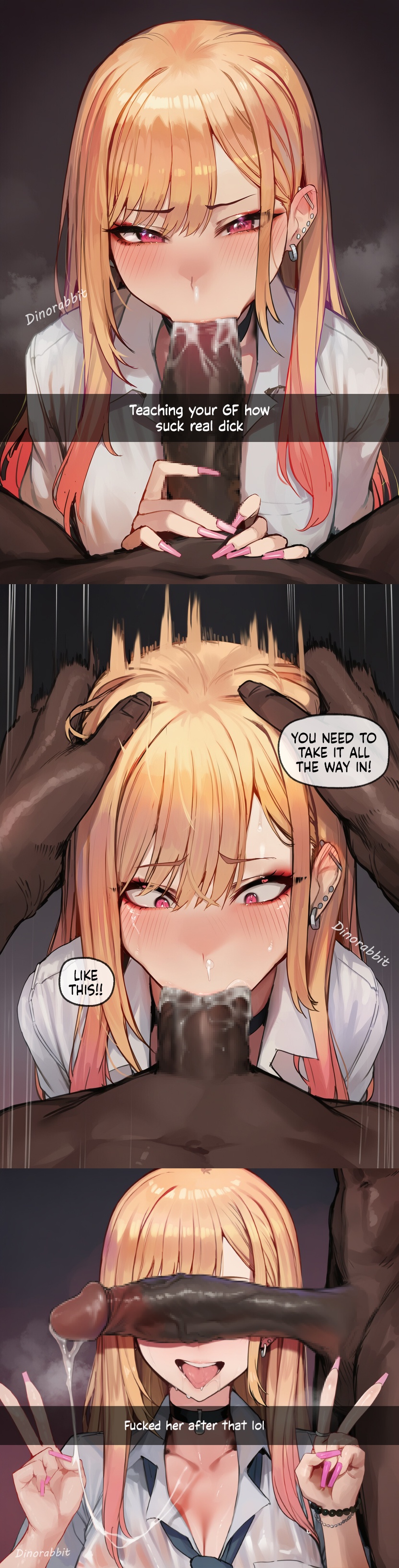 ai generated, blacked, blowjob, breasts, censored, cheating, cuckold, cuckolding, cum, cumshot, dark skin, dark-skinned male, deepthroat, dinorabbit, english text, fellatio, hands on another's head, huge cock, interracial, kitagawa marin, large breasts, looking at penis, male, marin kitagawa, motion lines, my dress up darling, netorare, ntr, patreon, peace sign, penis over eyes, snapchat, sono bisque doll wa koi wo suru, speed lines