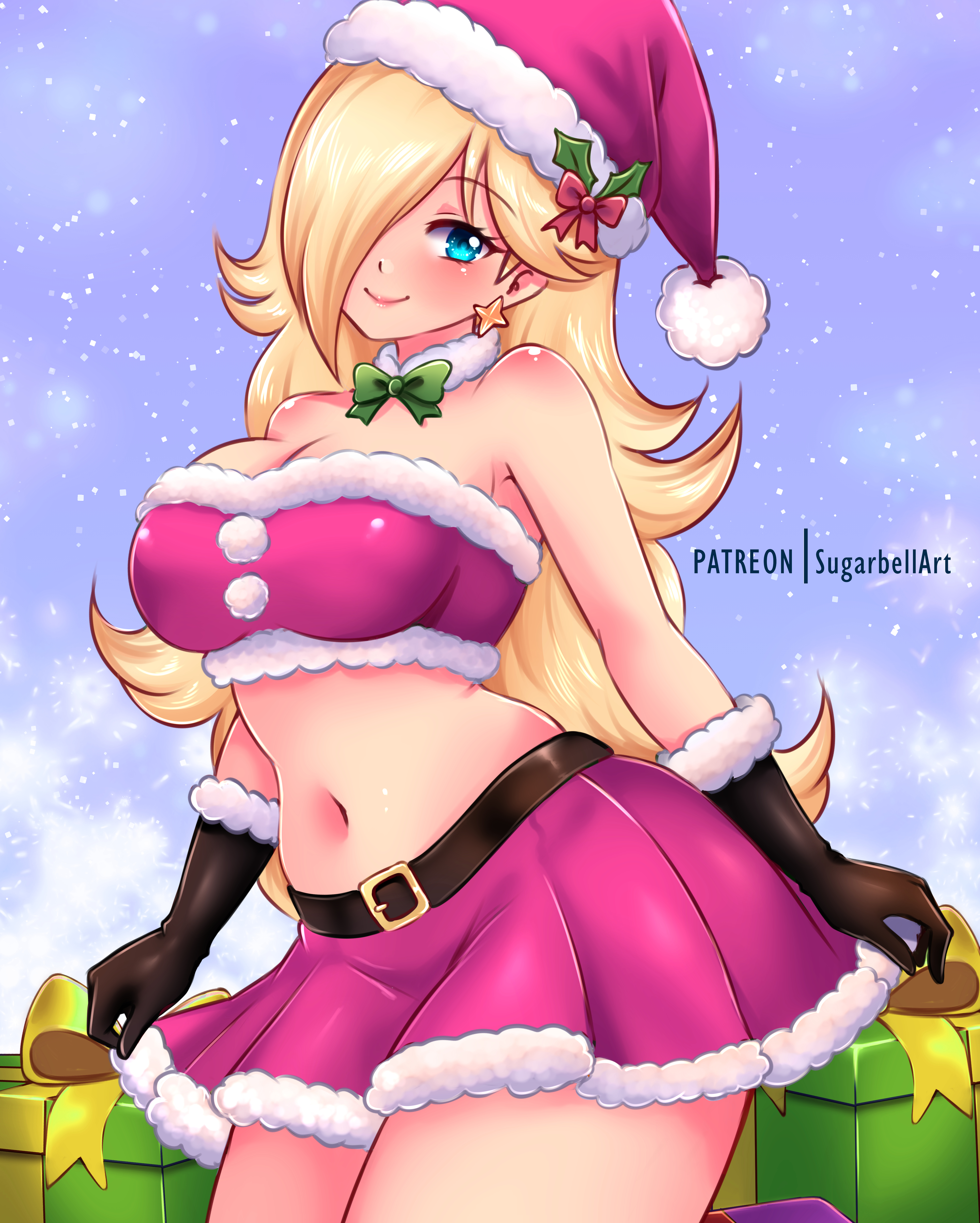 absurdres, artist name, bare shoulders, belt, belt buckle, big breasts, black belt, black gloves, blonde hair, blue eyes, bow, bowtie, breasts, cleavage, closed mouth, commentary, crop top, english commentary, enly art, female, fur trim, fur-trimmed gloves, fur-trimmed headwear, gloves, green bow, green bowtie, hair over one eye, hat, highres, large breasts, long hair, looking at viewer, mario (series), nintendo, paid reward available, patreon username, princess rosalina, purple hat, purple skirt, santa costume, santa hat, skirt, smile, solo, stomach, sugarbell, very long hair
