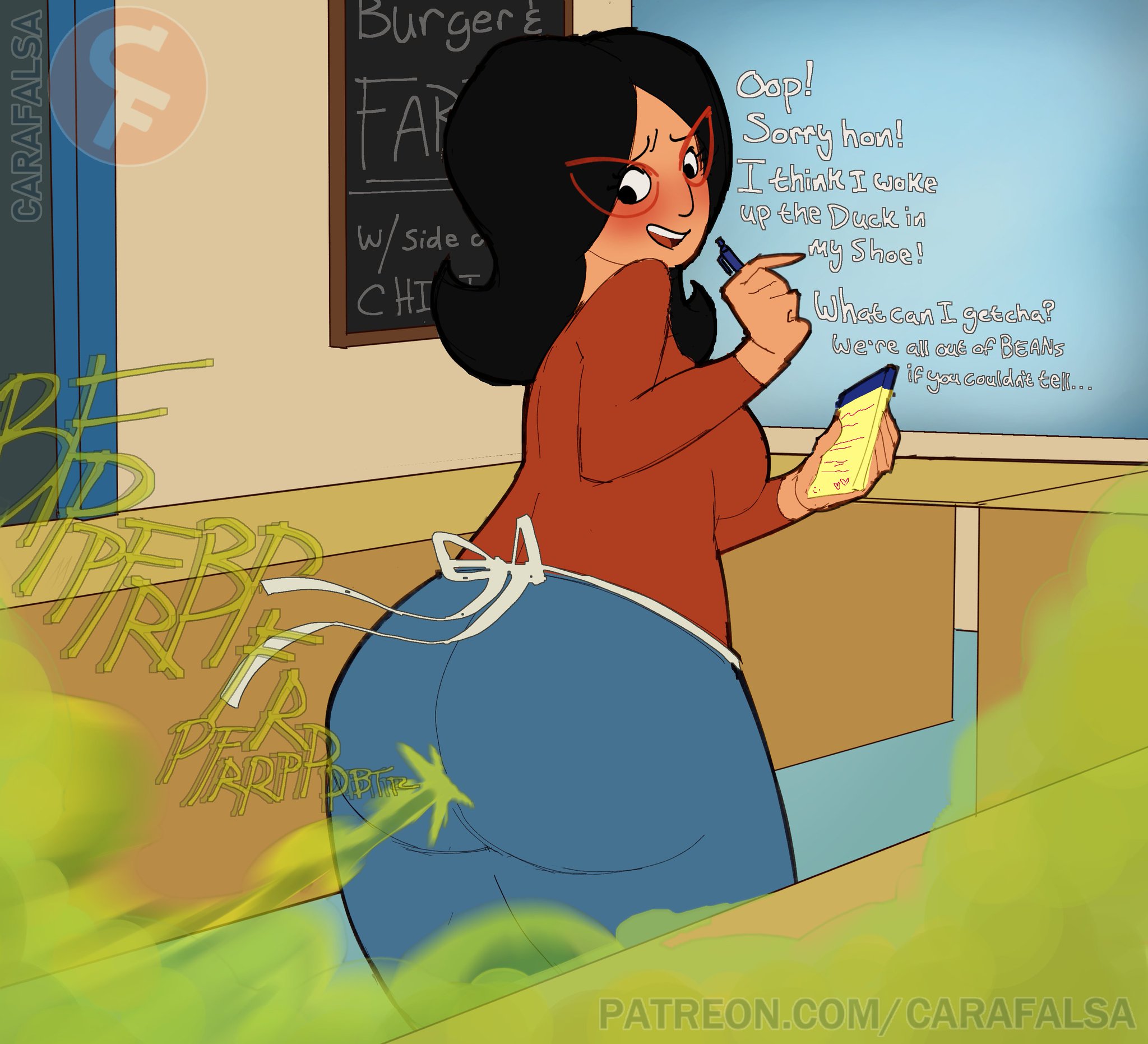 1girls, ass, black hair, blush, bob's burgers, breasts, bubble ass, bubble butt, butt, carafalsa, color, dialogue, digital drawing (artwork), digital media (artwork), embrassed, english text, fart, fart cloud, fart fetish, female, female focus, female only, gassy female, green gas, green gas cloud, human, jpeg, light skin, light-skinned female, linda belcher, milf, nice ass, onomatopoeia, patreon username, red shirt, round butt, solo, solo female, solo focus, text, watermark