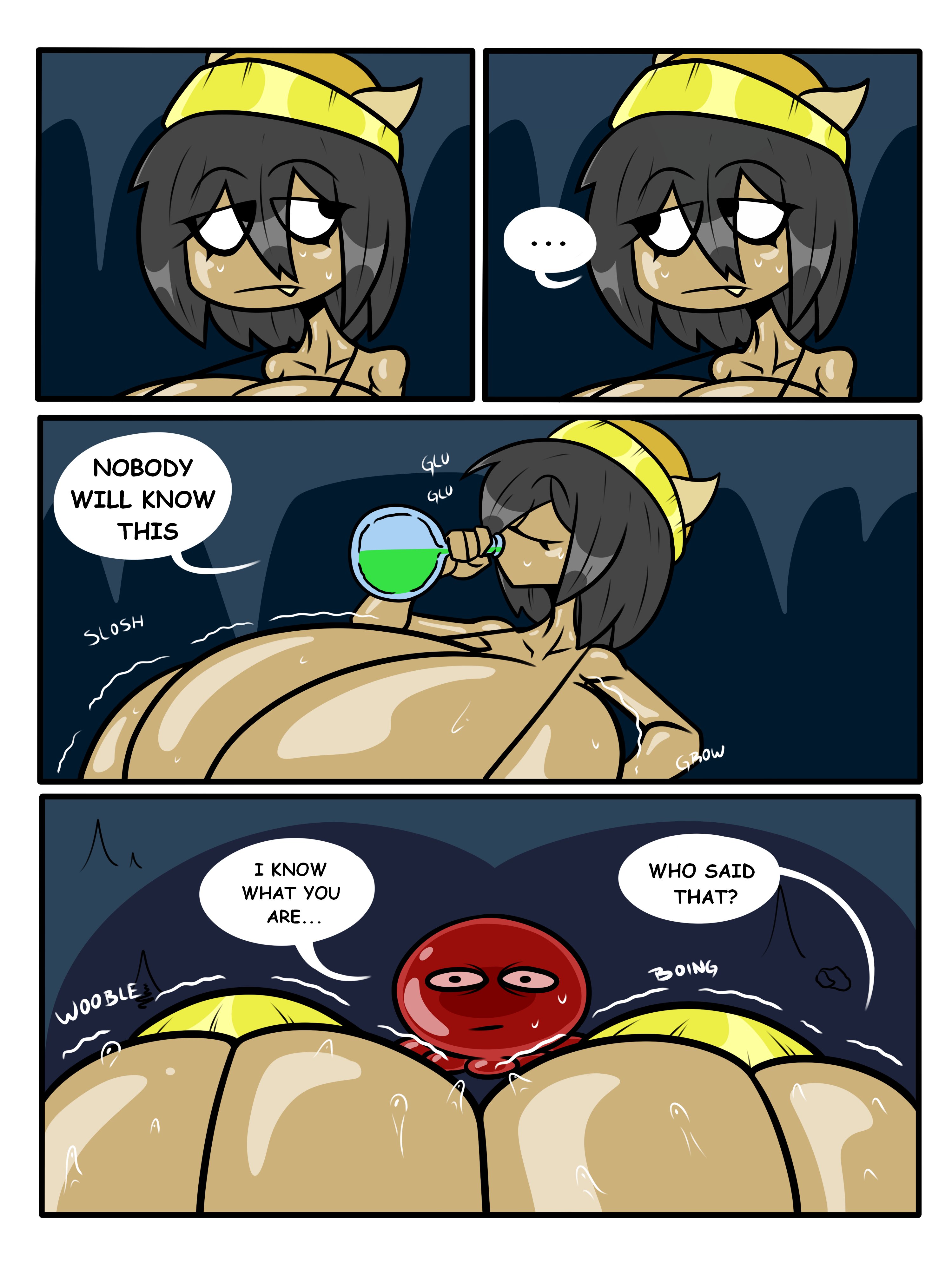 ..., 1girls, 1other, 2025, 2d, 2d (artwork), anxious, big breasts, bikini, bikini armor, black eyes, black hair, blue background, bottle, bra, breast expansion, breast growth, breasts, breasts bigger than head, breasts bigger than torso, buxom, buxom breasts, cave, cavern, closed eyes, comic, comic page, comic panel, comic panels, comic sans, dialogue, drinking, drinking potion, ellipsis, english dialogue, english text, enormous breasts, expanding, expansion, expansion sequence, eyelashes, eyes half open, fang out, female, floor, green liquid, growing, growing breasts, growth, growth sequence, helmet, hidden, hidden by breasts, holding, holding bottle, holding object, horned helmet, huge breasts, hyper, hyper breasts, indoors, inside, juramg, liquid, looking, looking around, magic, meme, meme reference, no sex, oblivious, oblivious female, oerba yun fang, onomatopoeia, original, original character, potion, potion bottle, scantily clad, short hair, simple background, skelly (juramg), slime, slime monster, slosh, sloshing, sloshing breasts, sound effects, stalactite, stalactites, sweat, sweatdrop, sweating, sweating female, sweating profusely, tan body, tan skin, tan-skinned female, text, top heavy, transformation, transformation through magic, unbothered, underground