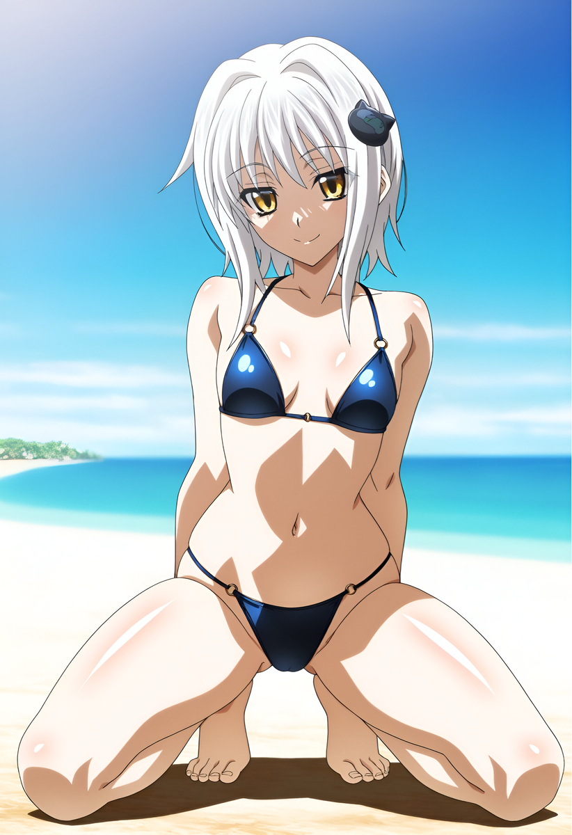 1girls, ai generated, bikini, blue bikini, clothed, clothed female, duderu vanilla, female, female only, high school dxd, kneeling, koneko toujou, solo, swimsuit, white hair, yellow eyes