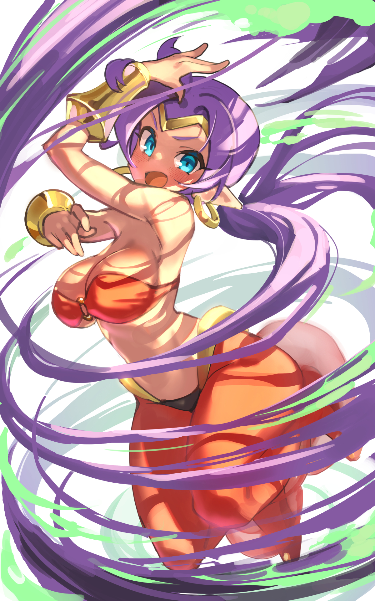 1girls, belly dancer, belly dancer outfit, big breasts, blue eyes, blush, breasts, cleavage, dark skin, dark-skinned female, earrings, eye contact, female, female only, genie, large breasts, life is pi, long ears, long hair, looking at viewer, midriff, navel, pointy ears, ponytail, purple hair, shantae, shantae (character), smile, smiling, smiling at viewer, smooth skin, solo, solo female, tagme, thighs, tiara, twintails, wayforward