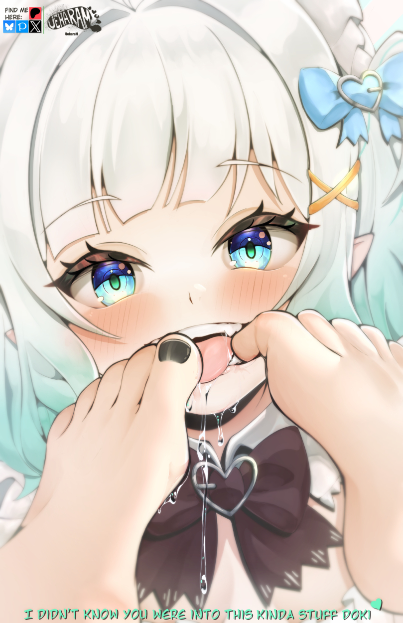 2girls, aqua eyes, artist logo, artist name, barefoot, black nails, blue bow, blue eyes, blush, bow, bowtie, brown bow, brown bowtie, densetsu.exe, dokibird, english text, eyelashes, feet, feet in mouth, foot, foot fetish, foot focus, foot lick, foot worship, gradient hair, grey hair, hair ornament, hairbow, highres, indie virtual youtuber, lesbian, licking, licking foot, logo, looking at viewer, maid mint, medium hair, mint fantome, multicolored hair, multiple girls, nail polish, open mouth, saliva, saliva string, solo focus, toe in mouth, toe lick, toenail polish, toenails, toes, toes in mouth, tongue, tongue out, ueharam , virtual youtuber, vtuber, x hair ornament, yuri