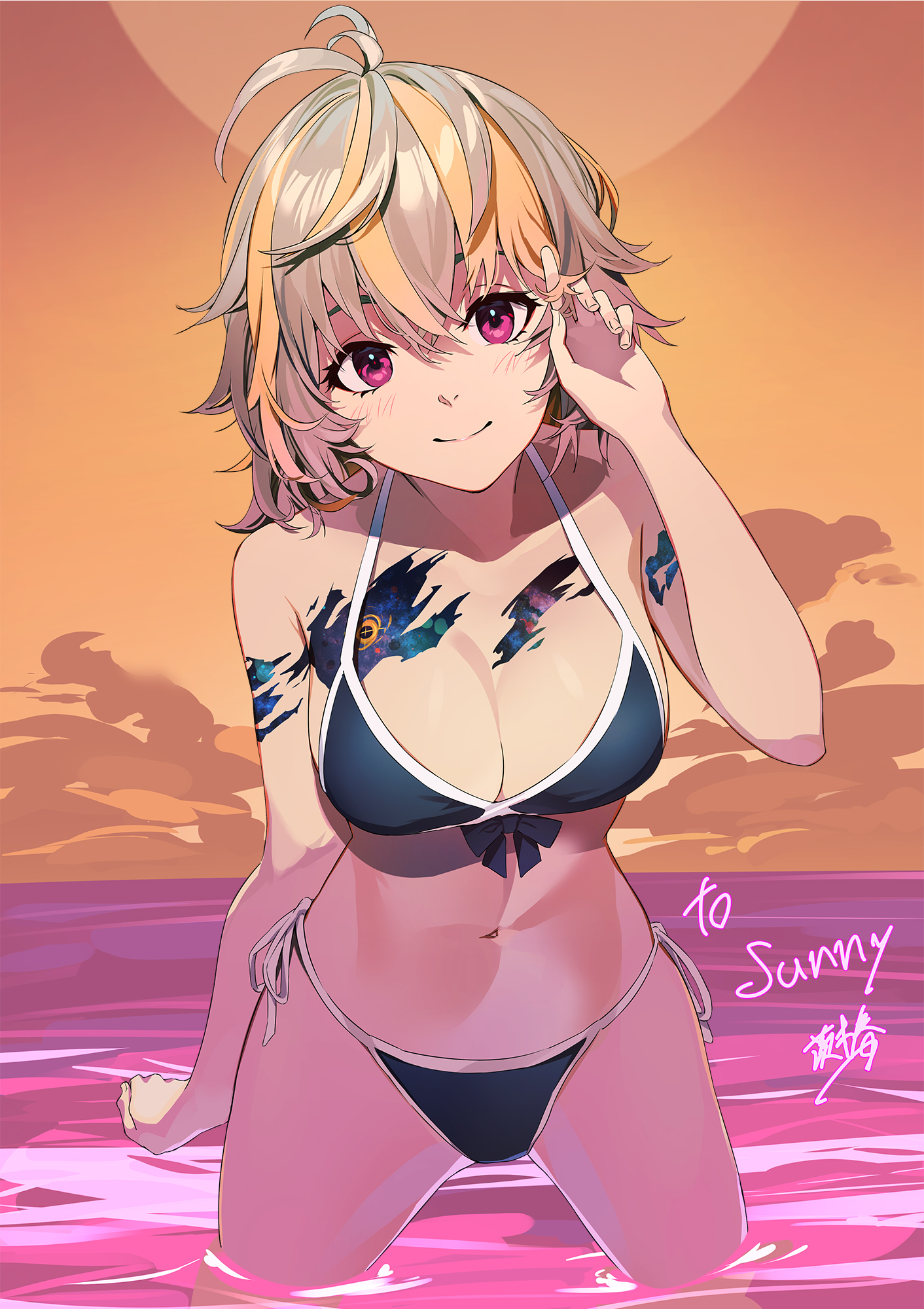 alternate costume, antenna hair, arm up, bikini, black bikini, black bow, blonde hair, blush, bow, bow bikini, breasts, brown background, cleavage, closed mouth, commission, cowboy shot, crossed bangs, evening, eyebrows hidden by hair, female, fingernails, glitch stars, grey hair, hair between eyes, hand in own hair, highres, ibaraki shun, large breasts, leaning forward, long hair, looking at viewer, medium breasts, multicolored hair, navel, orange background, outdoors, purple eyes, scar, scar on arm, scar on chest, scar on shoulder, side-tie bikini bottom, signature, skeb commission, smile, solo, space print, split mouth, standing, starry sky print, stomach, streaked hair, sunnysplosion, swimsuit, thighs, twirling hair, two-tone hair, virtual youtuber, wading, water