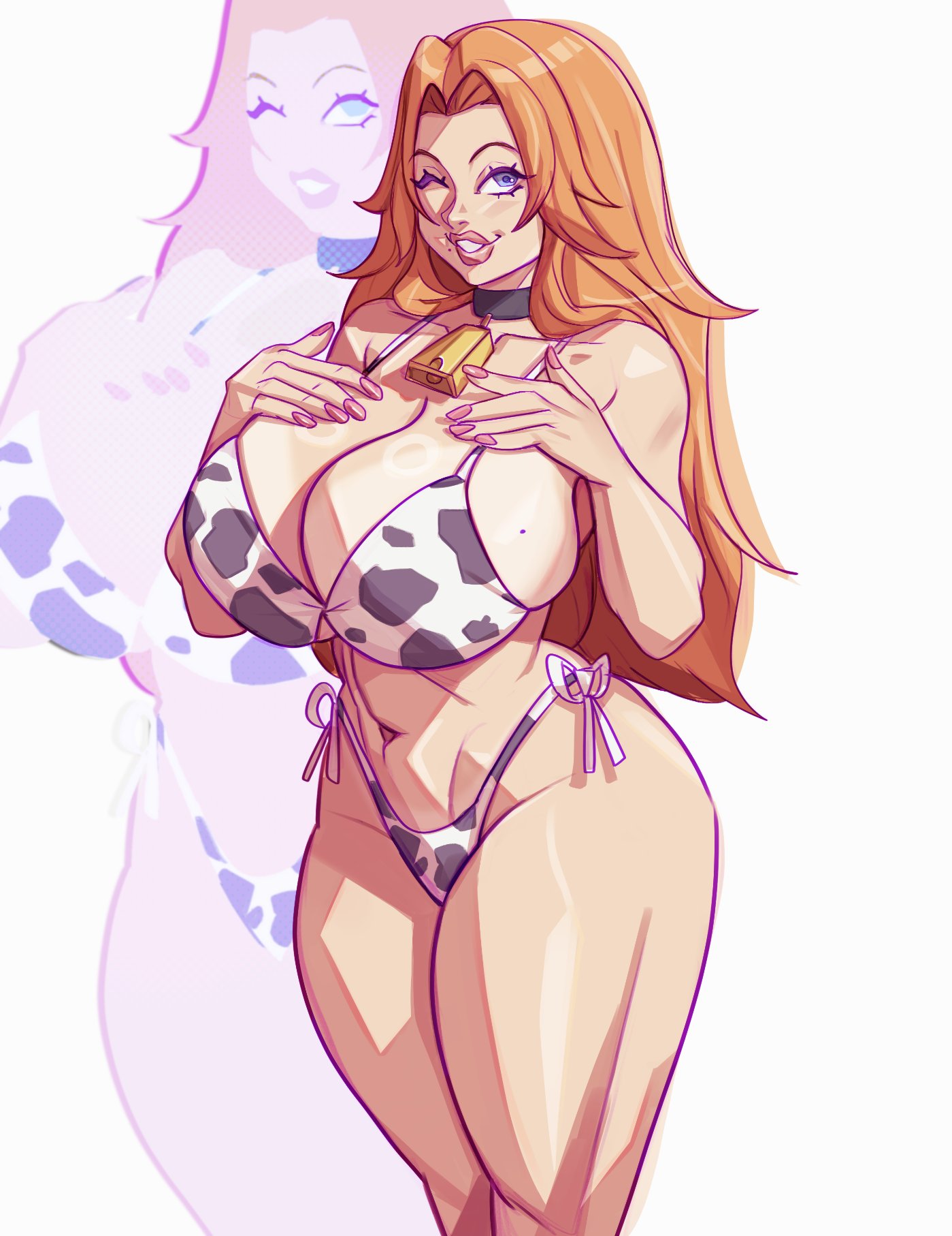 1girls, big breasts, bikini, bikini bottom, bikini top, bleach, blue eyes, bottomwear, breasts, cleavage, cow print, cow print bikini, cowbell, dlusional, female, female only, hair, hips, huge breasts, lips, long hair, matsumoto rangiku, mature, mature female, mole, mole on breast, mole under mouth, nail polish, nails, neckwear, one eye closed, orange hair, solo, solo female, swimwear, thick lips, thighs, topwear, wink, winking