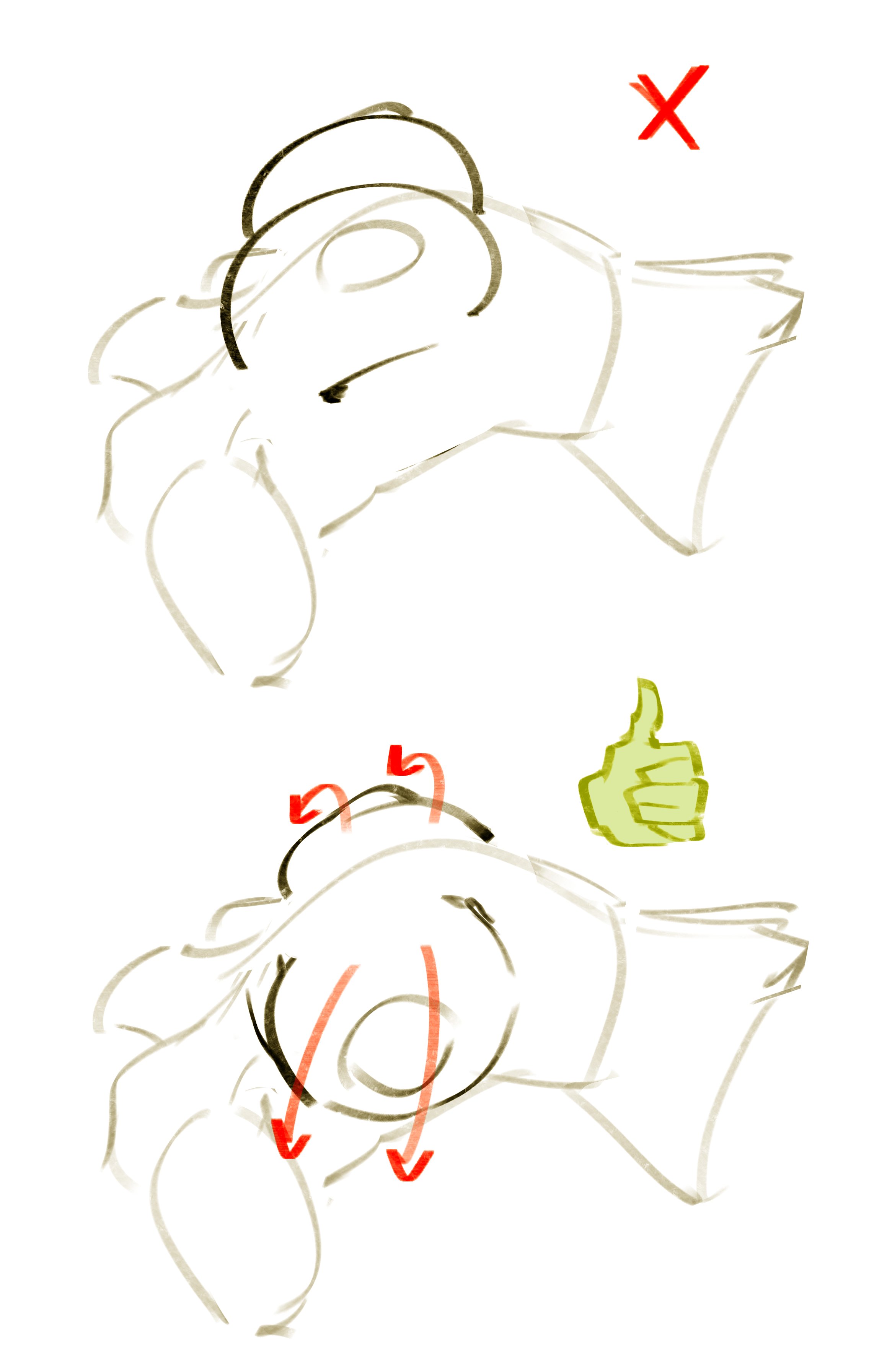 1girls, arrow (symbol), breasts, collarbone, female focus, large areolae, large breasts, laying on back, nipples, original, physics, sagging breasts, shoulders, sketch, tagme, thumbs up, topless, torso, tutorial, x (symbol)