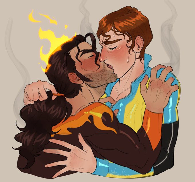 closed eyes, dispatch (game), face closeup, flambae, gay, istralius, kissing, makeout, male, male only, no visible genitalia, steam, waterboy (dispatch), yaoi