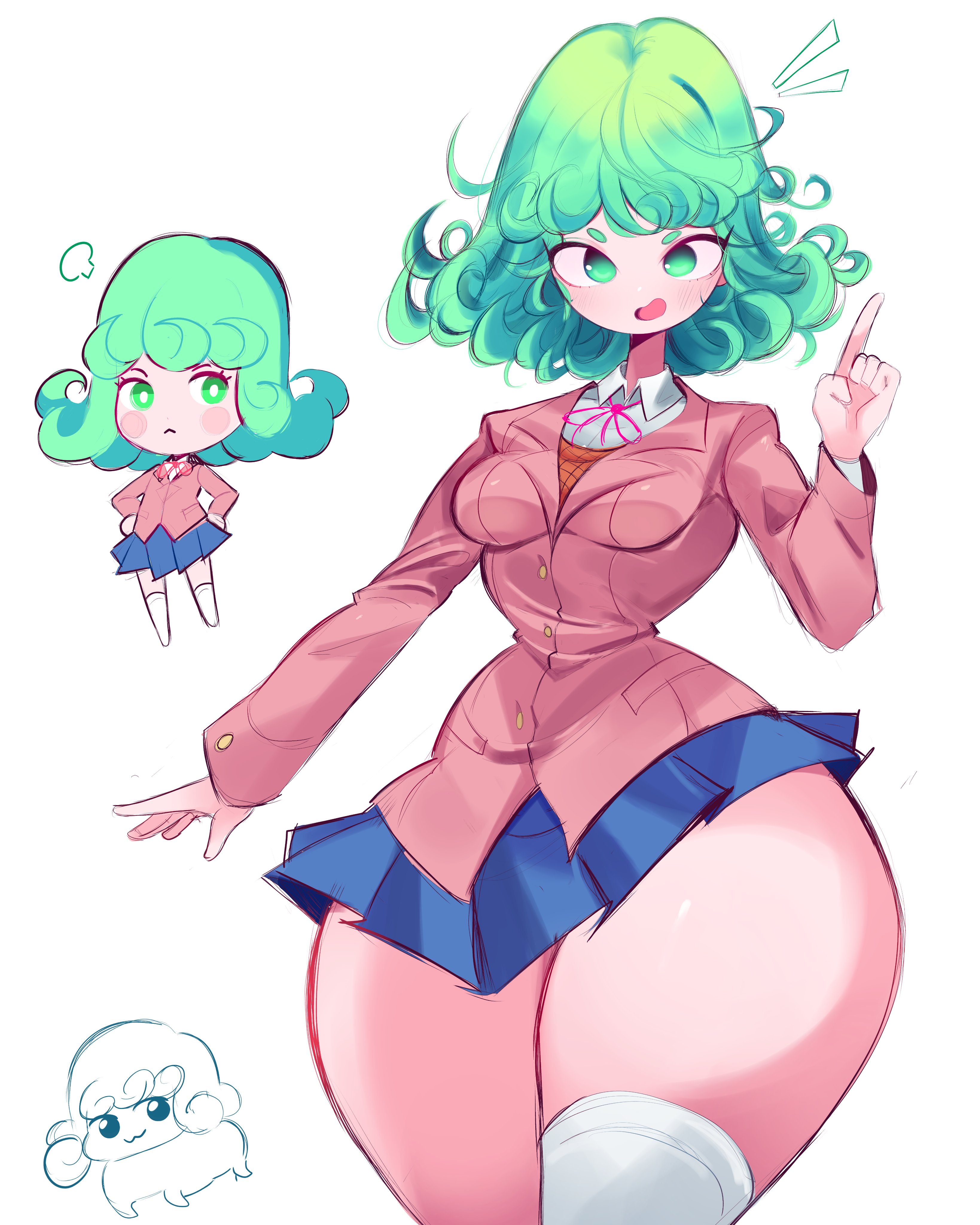 1girls, breasts, dress, female, female focus, female only, green eyes, green hair, light skin, light-skinned female, looking at viewer, medium breasts, one-punch man, reinsleif, rox hoxten, school uniform, solo, tatsumaki, thick thighs, thighhighs, thighs, wide hips